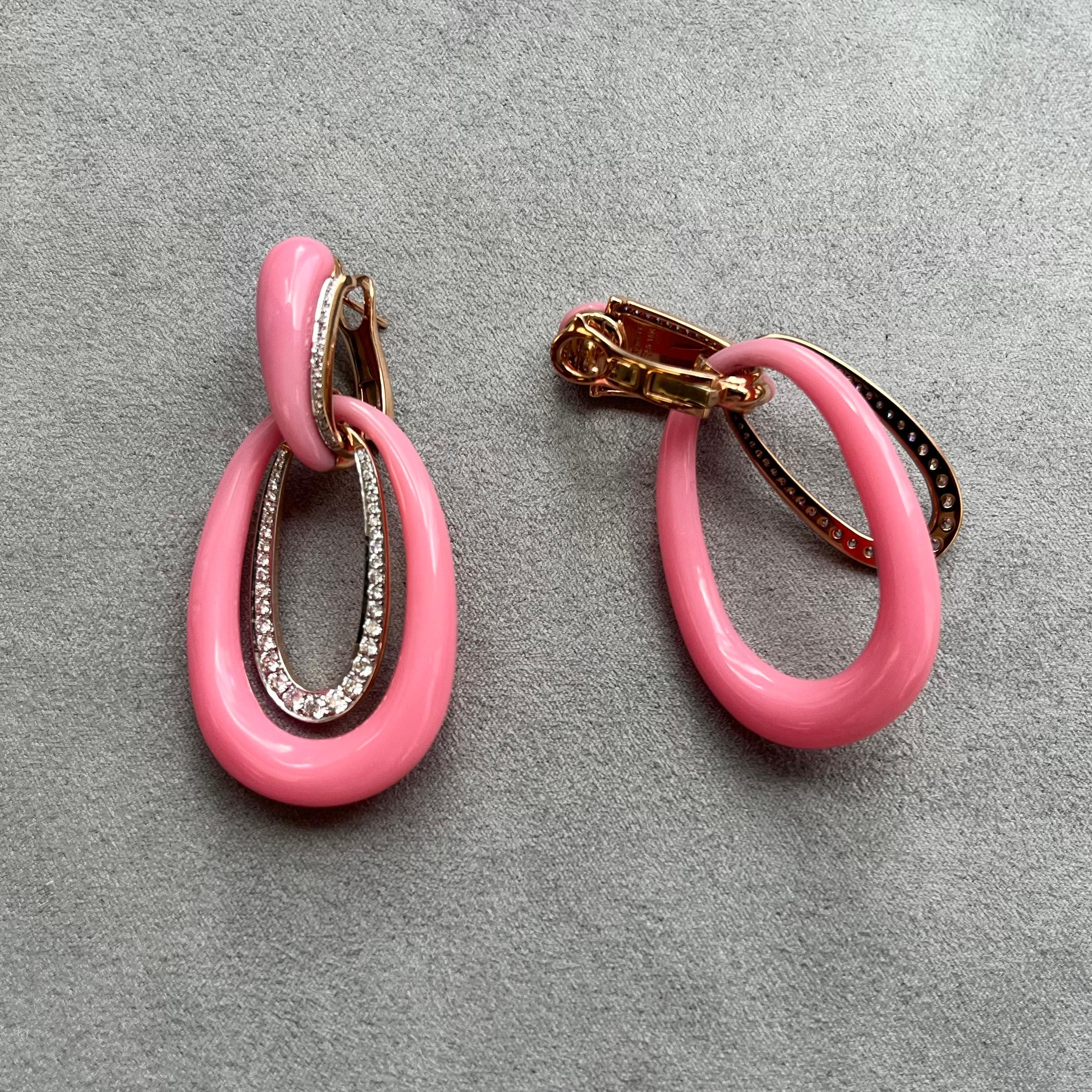 Round Cut Bright Pink Candy Color Imitation Earrings with 18K Gold and  Natural  Diamonds For Sale