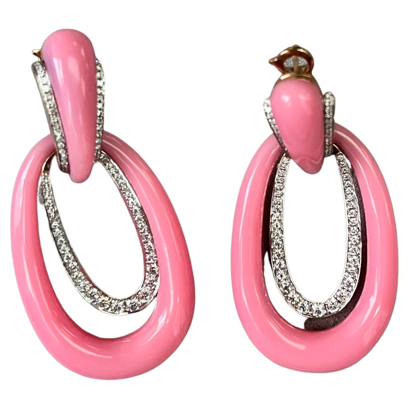 Bright Pink Candy Color Imitation Earrings with 18K Gold and  Natural  Diamonds For Sale