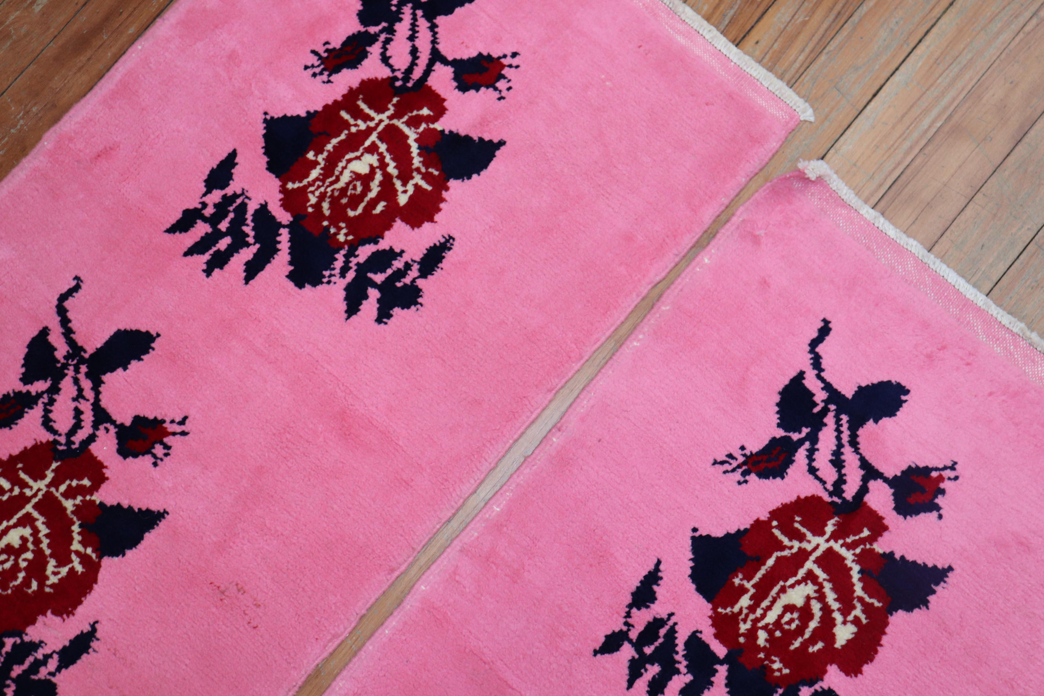 Industrial Bright Pink Floral Motif Vintage Turkish Rugs, Late 20th Century / Set of 2 For Sale