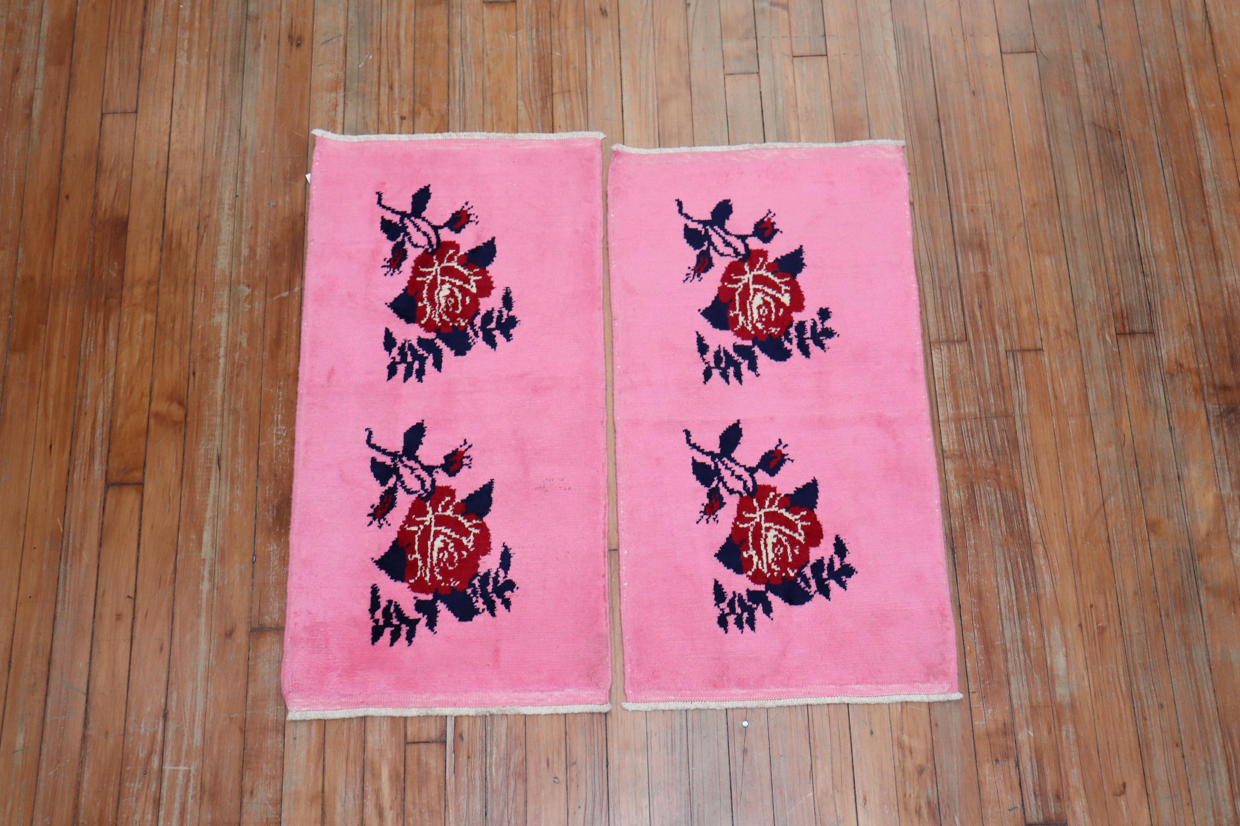 Hand-Knotted Bright Pink Floral Motif Vintage Turkish Rugs, Late 20th Century / Set of 2 For Sale