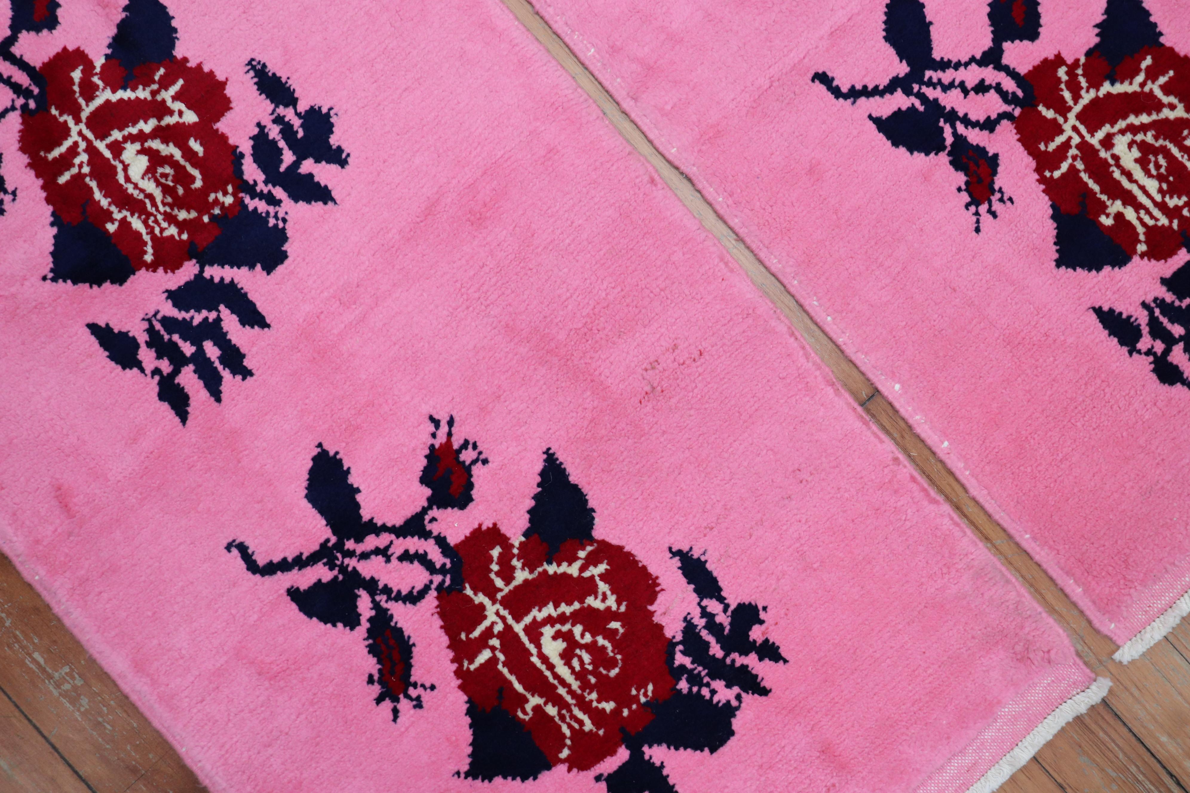 Bright Pink Floral Motif Vintage Turkish Rugs, Late 20th Century / Set of 2 In Excellent Condition For Sale In New York, NY