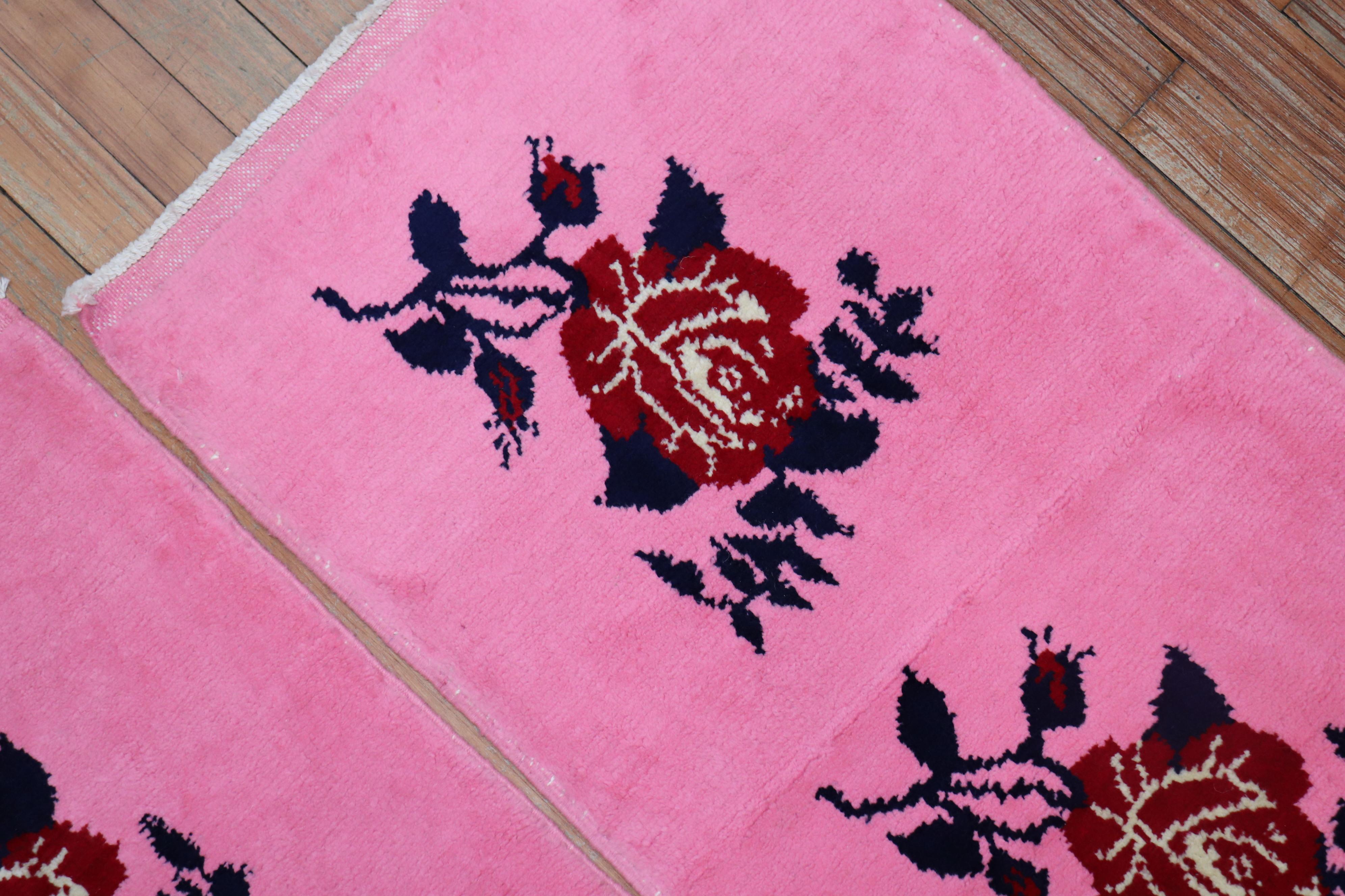 Bright Pink Floral Motif Vintage Turkish Rugs, Late 20th Century / Set of 2 For Sale 1