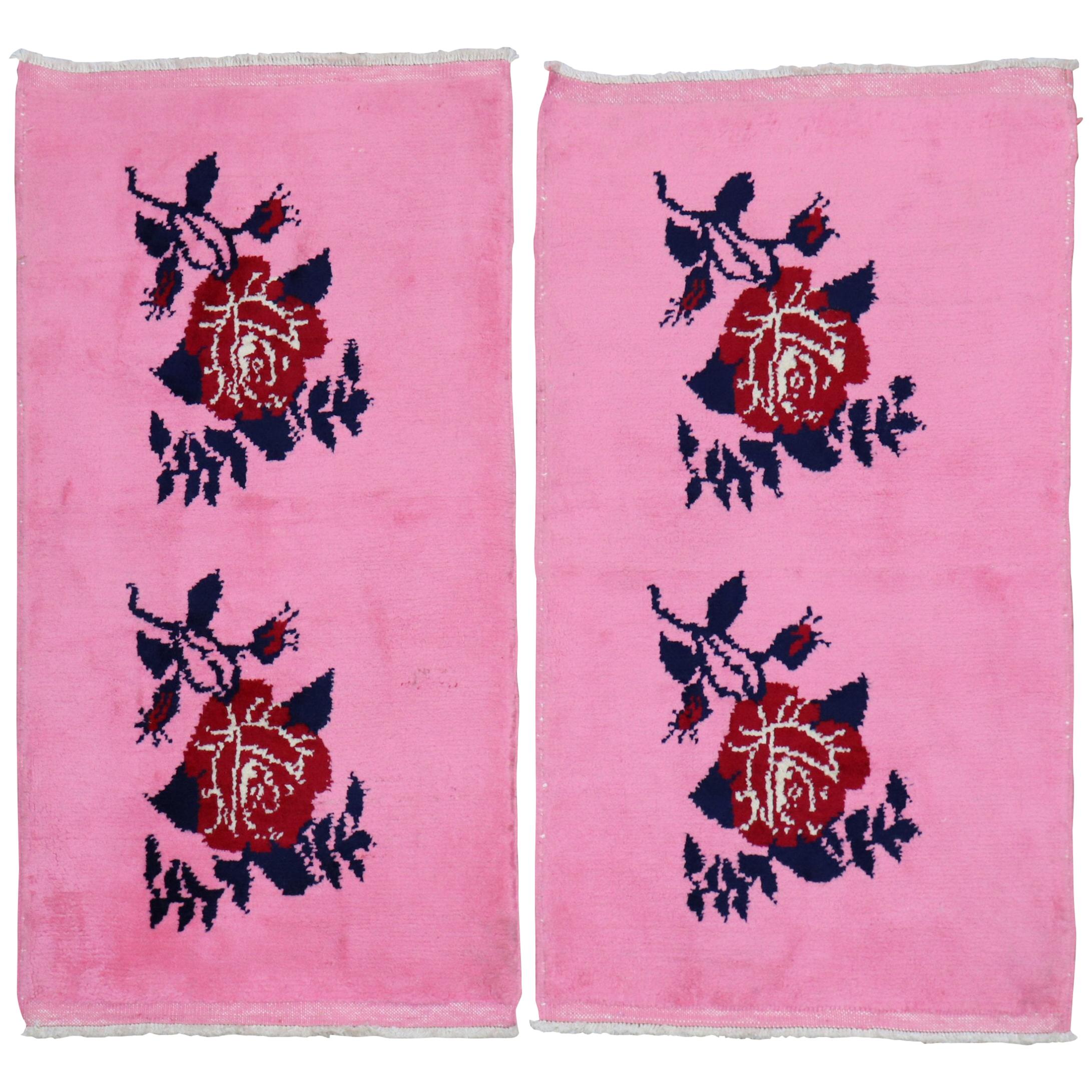 Bright Pink Floral Motif Vintage Turkish Rugs, Late 20th Century / Set of 2 For Sale