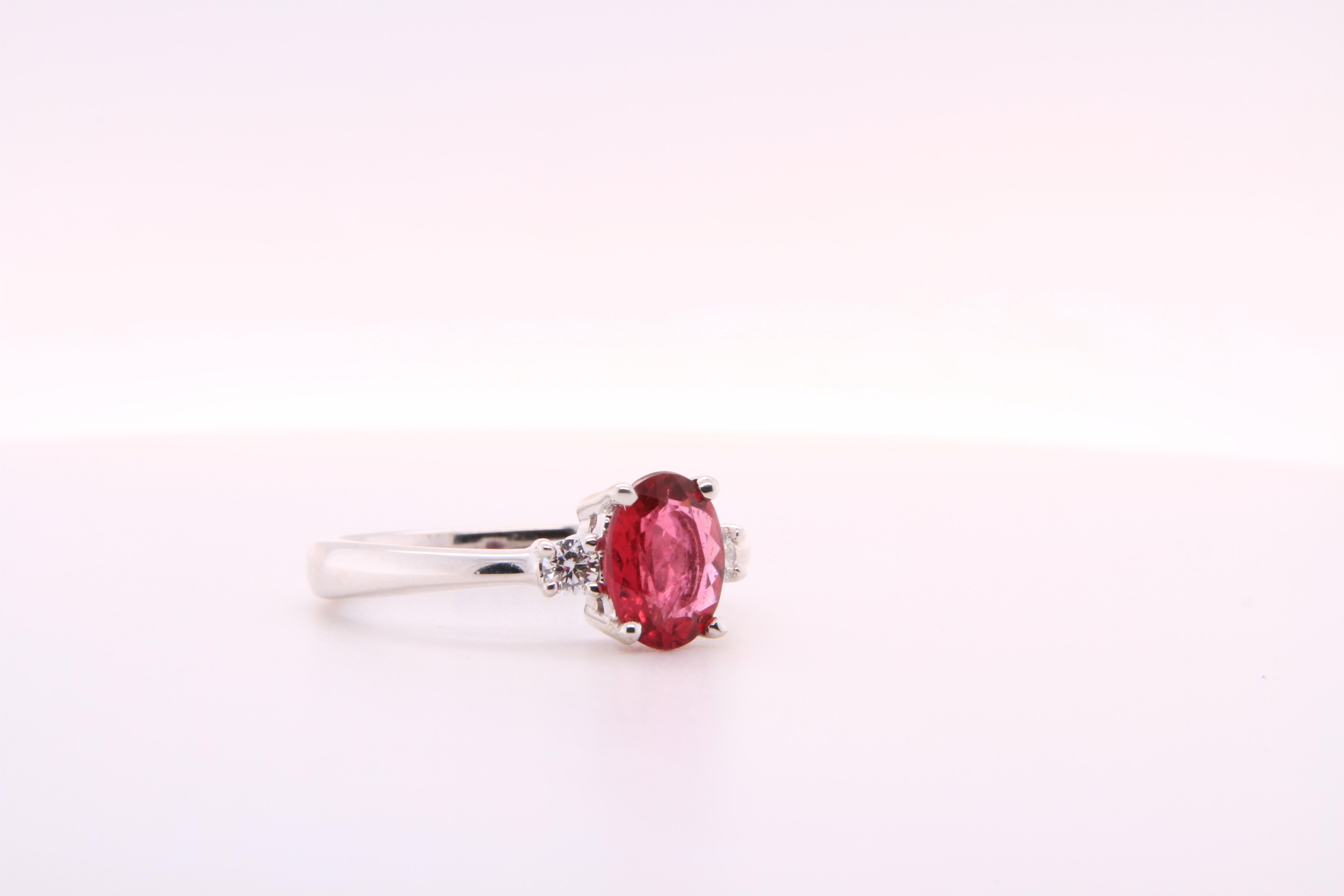 Bright, Pink, Oval Tourmaline Engagement Ring with Diamonds, 14K White Gold 1