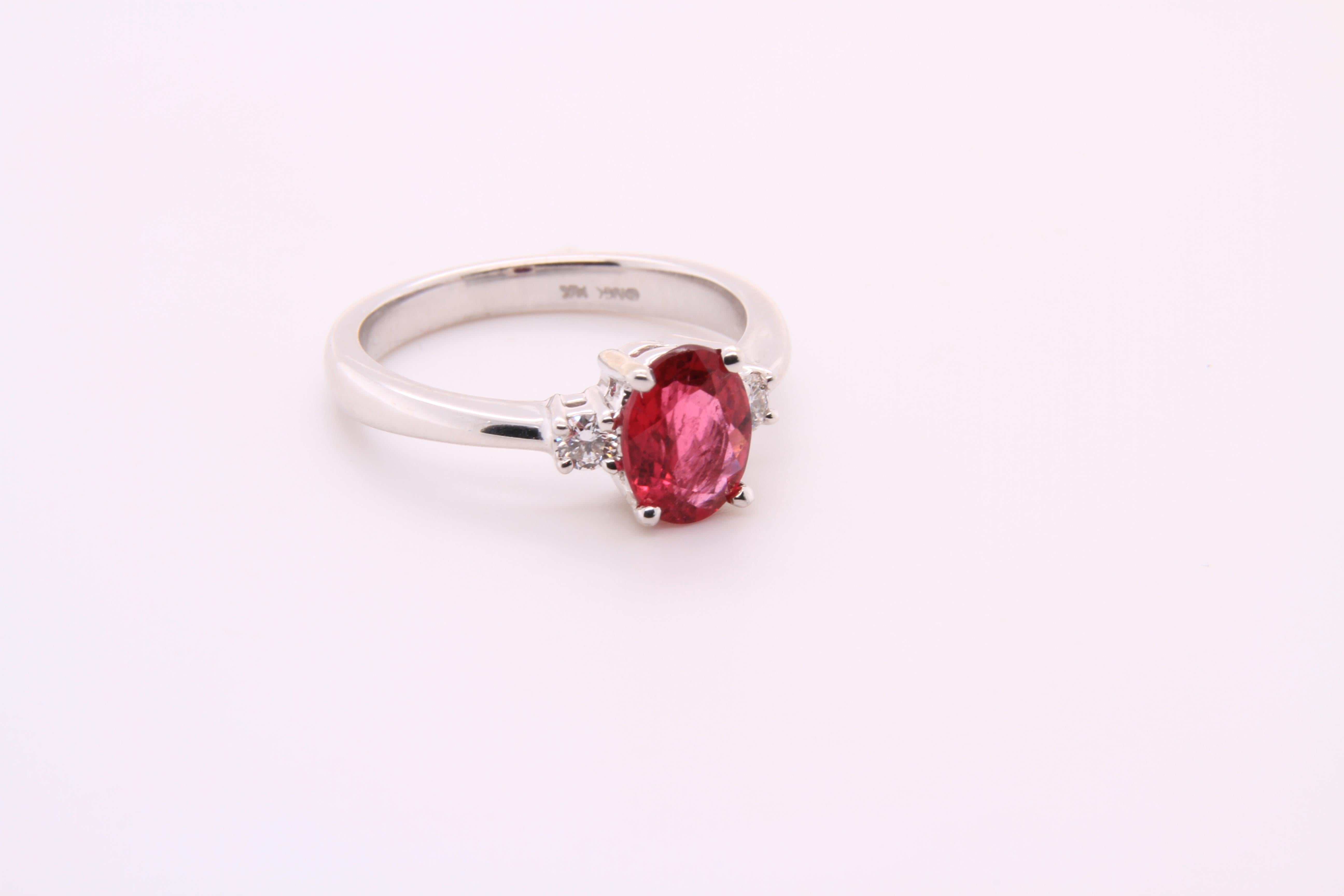Bright, Pink, Oval Tourmaline Engagement Ring with Diamonds, 14K White Gold 2