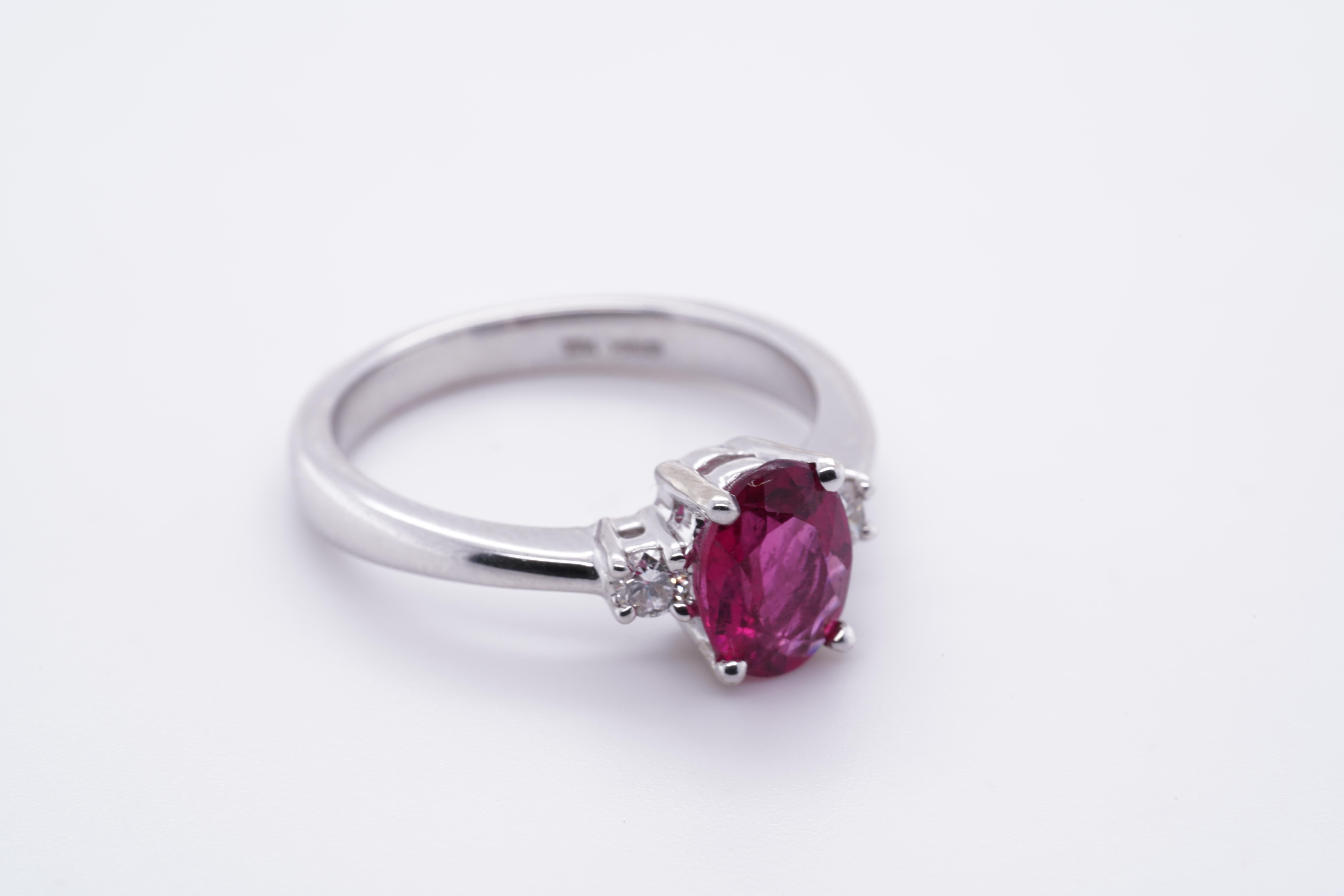 Bright, Pink, Oval Tourmaline Engagement Ring with Diamonds, 14K White Gold 7