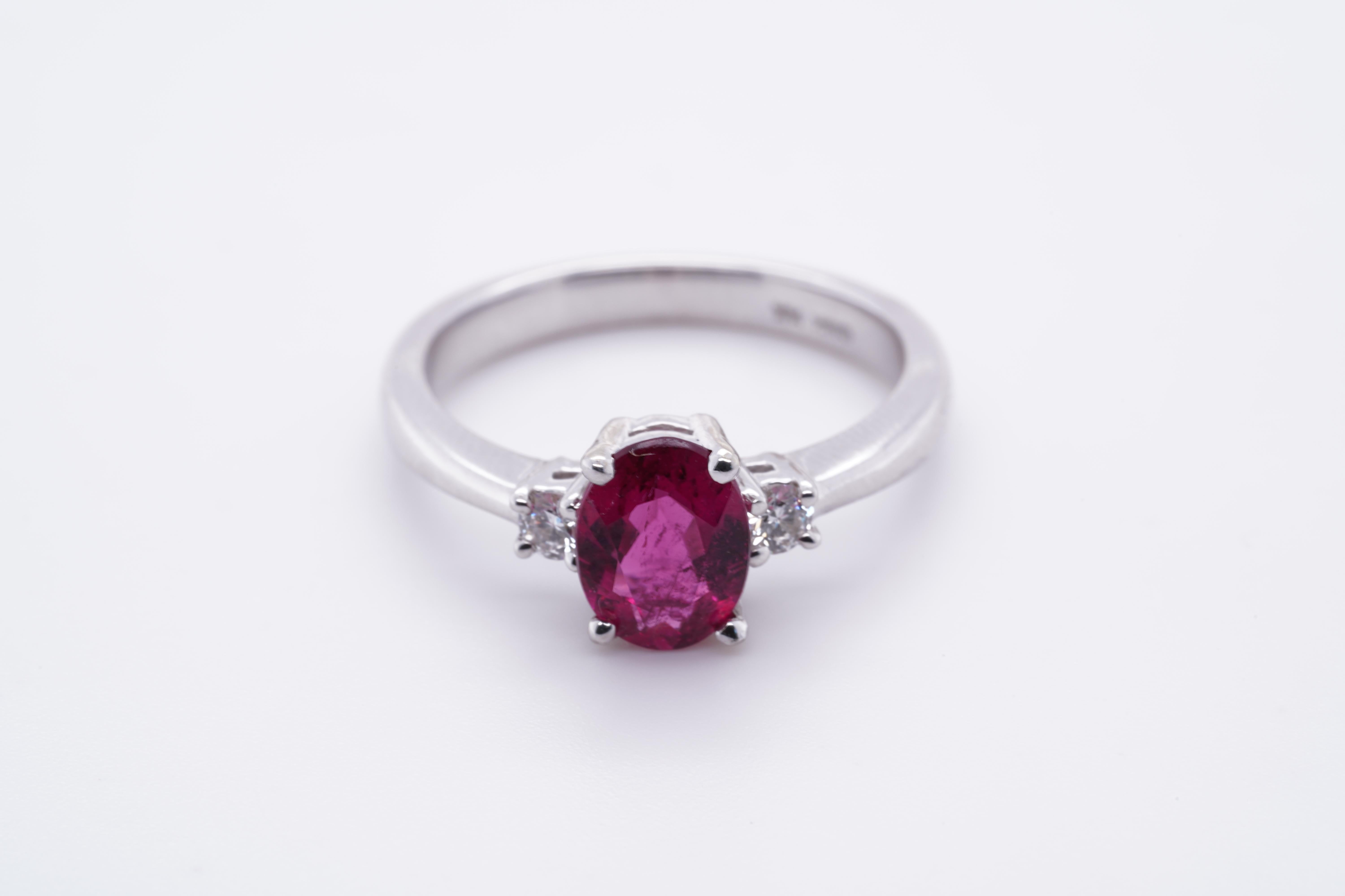 Bright, Pink, Oval Tourmaline Engagement Ring with Diamonds, 14K White Gold 9
