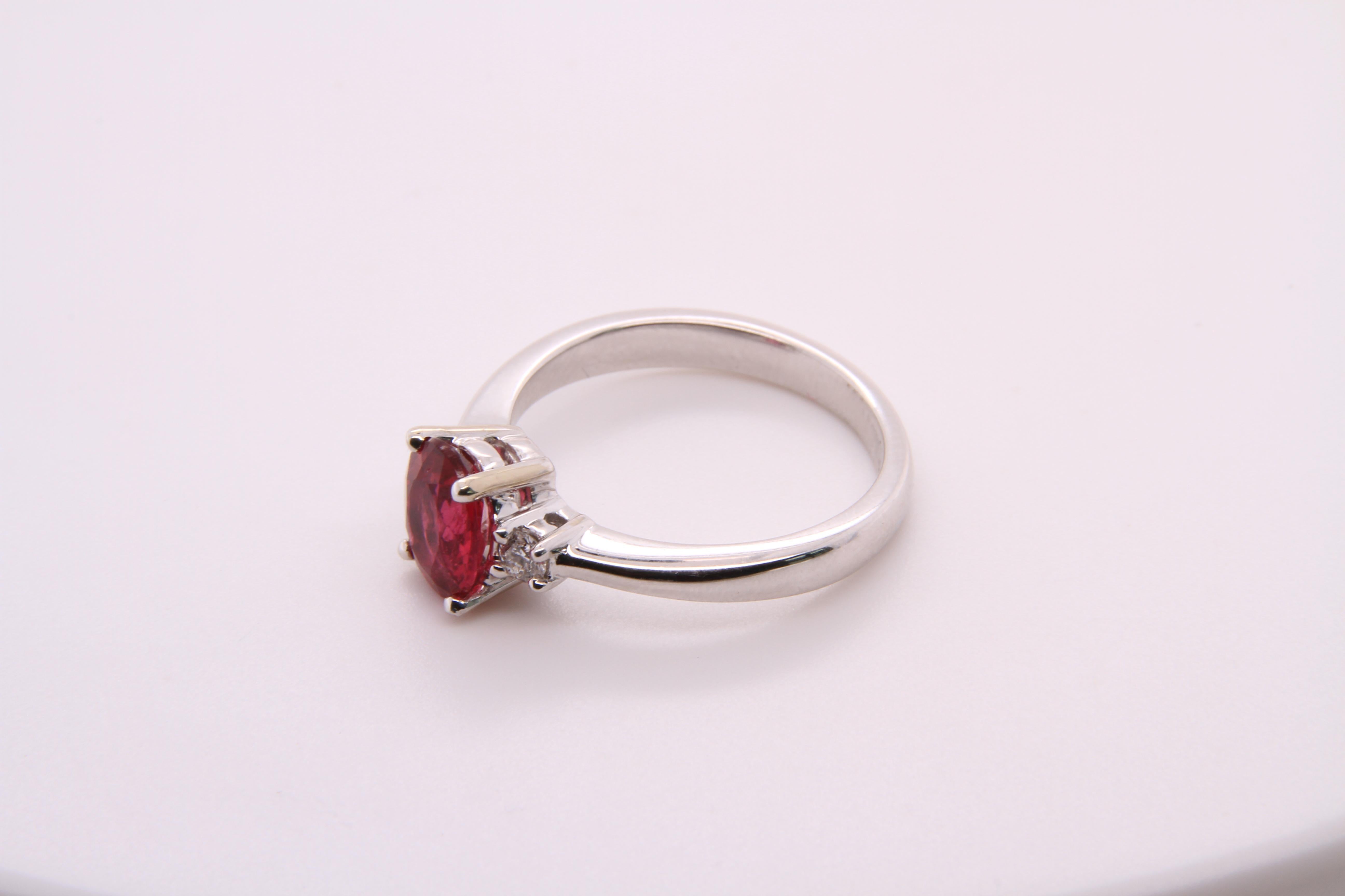 Bright, Pink, Oval Tourmaline Engagement Ring with Diamonds, 14K White Gold 6