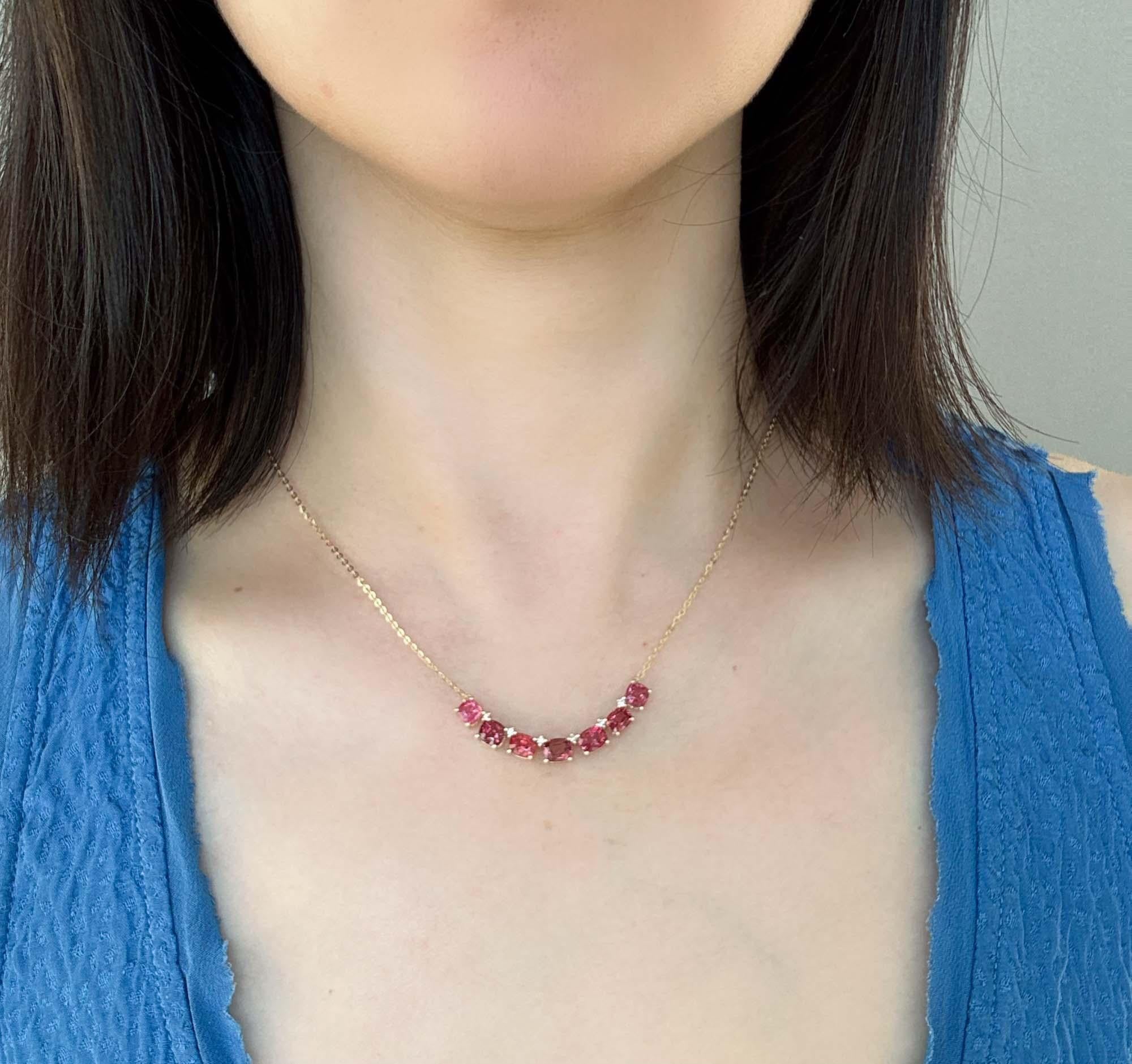 Uncut Bright Pink Red Spinel and Diamond Necklace 14K Gold For Sale