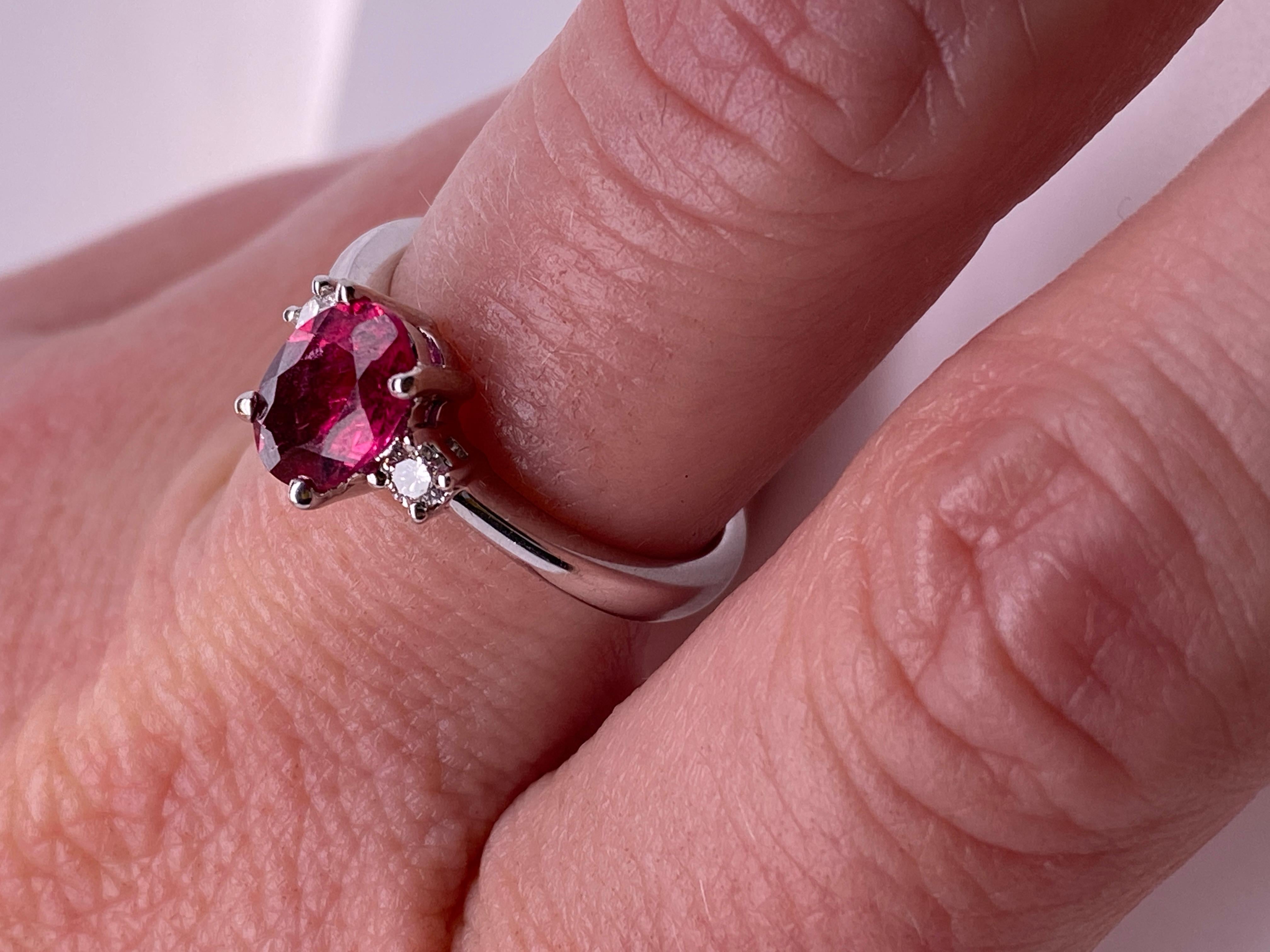 Bright, Pink, Oval Tourmaline Engagement Ring with Diamonds, 14K White Gold In New Condition In Bozeman, MT