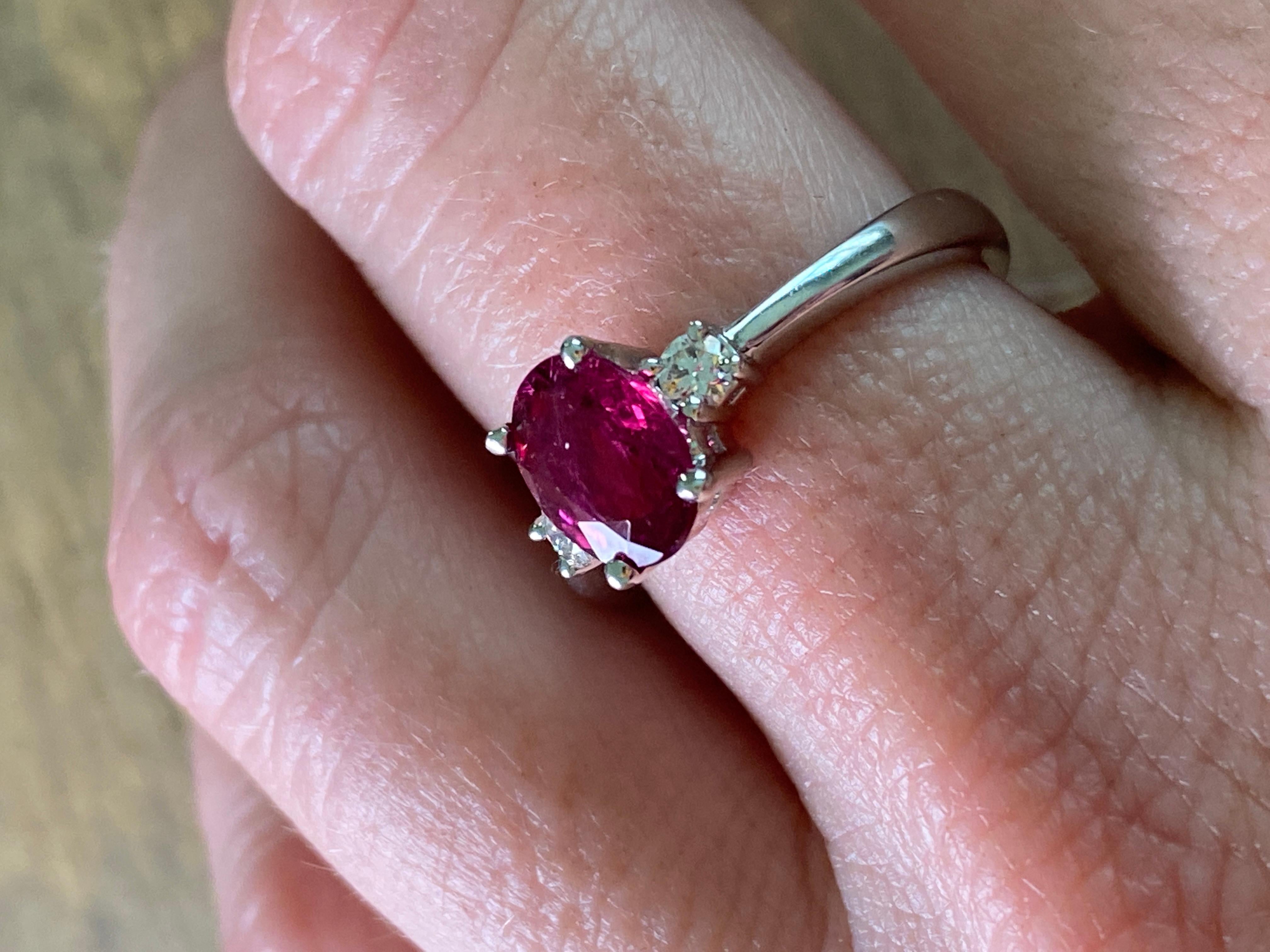 Contemporary Bright, Pink, Oval Tourmaline Engagement Ring with Diamonds, 14K White Gold