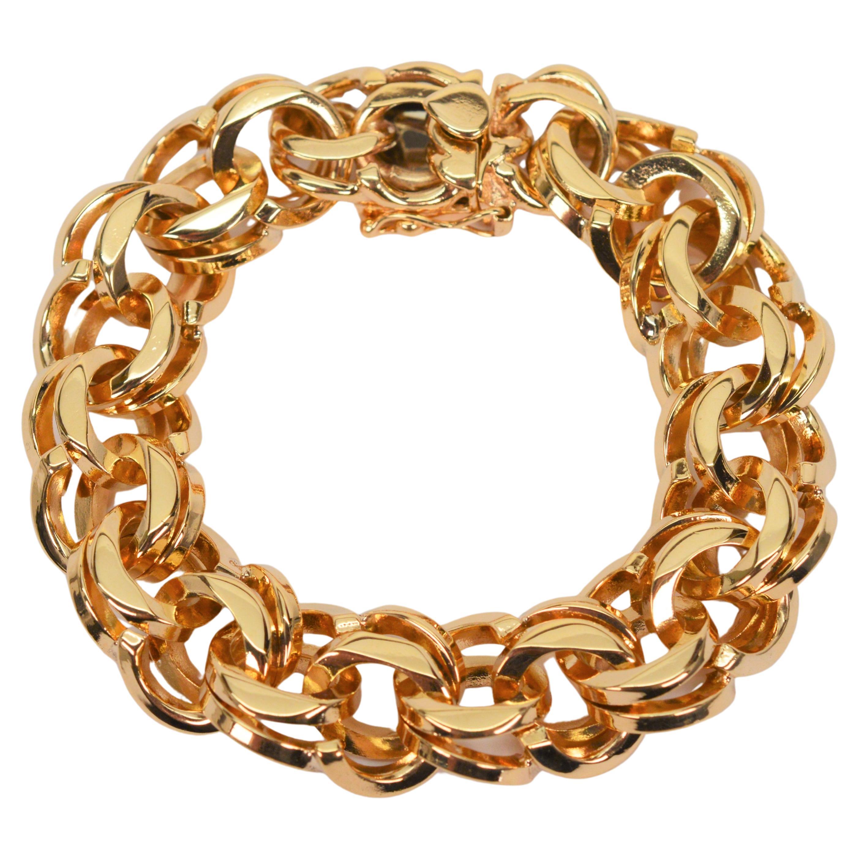Bright Polish 14 Karat Gold Double Loop Link Chain Bracelet For Sale
