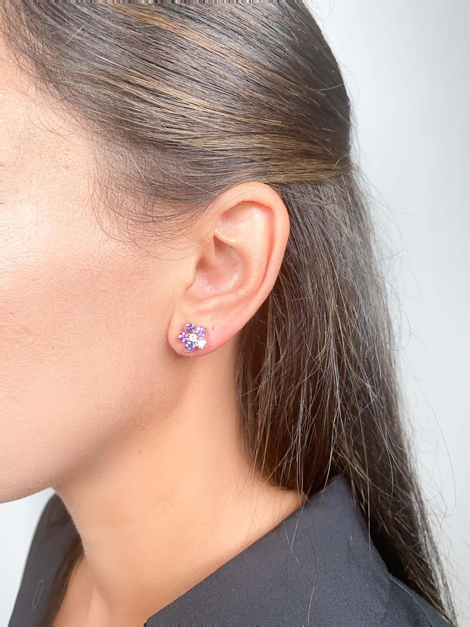 Women's or Men's Bright Purple Sapphire and Moonstone Flower Earrings 14K Gold For Sale