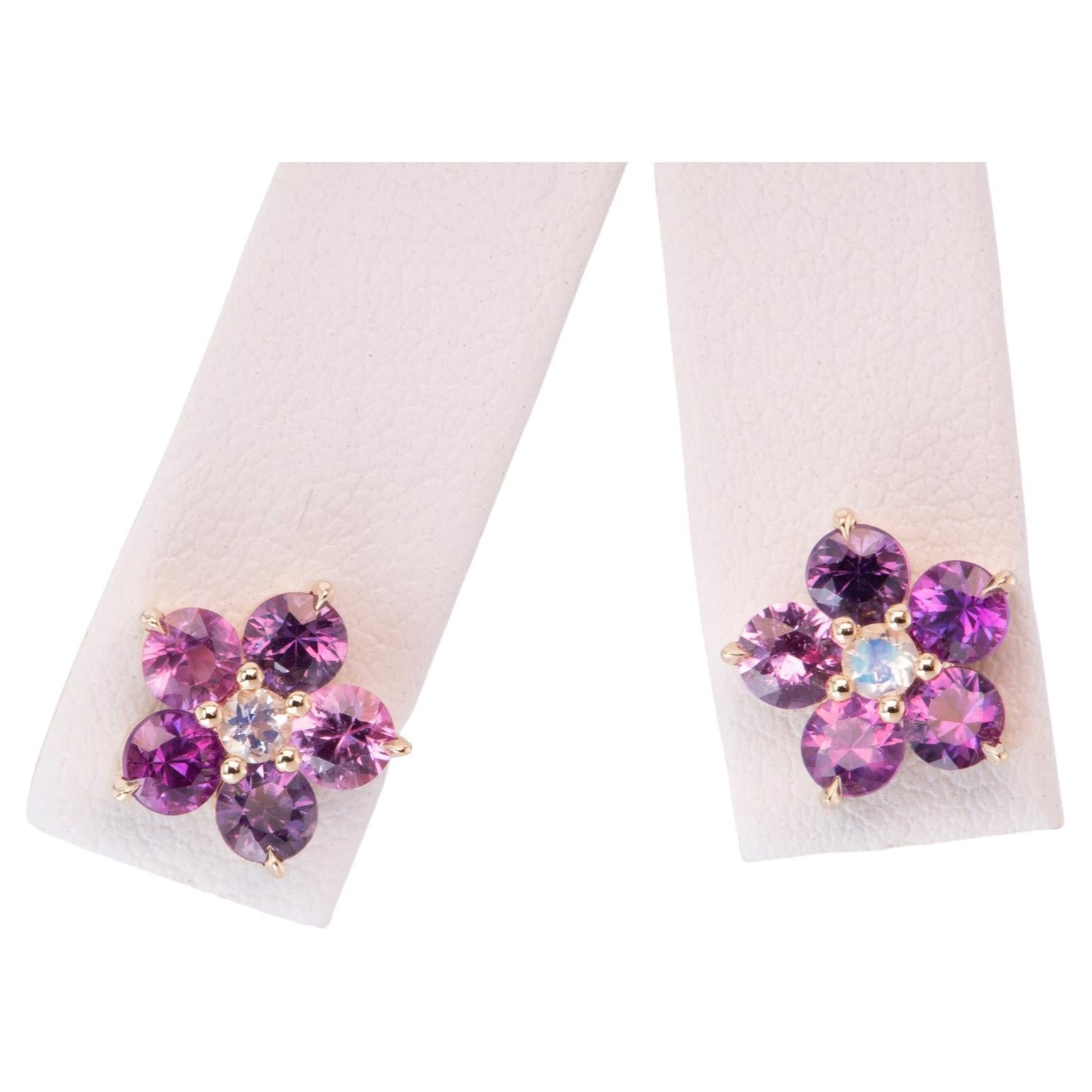 Bright Purple Sapphire and Moonstone Flower Earrings 14K Gold For Sale