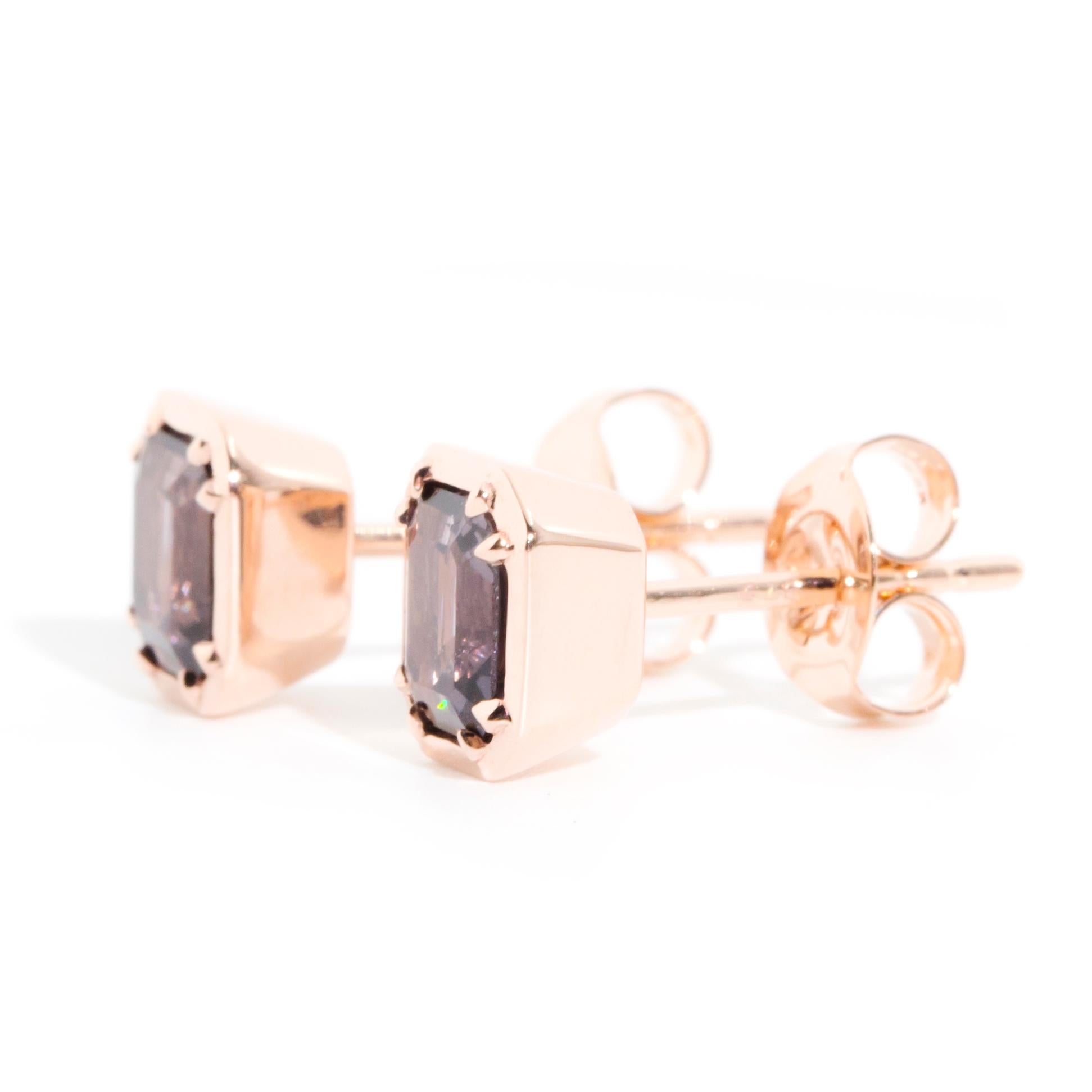 Bright Purple Spinel Contemporary Stud Style Earrings in 9 Carat Rose Gold For Sale 3