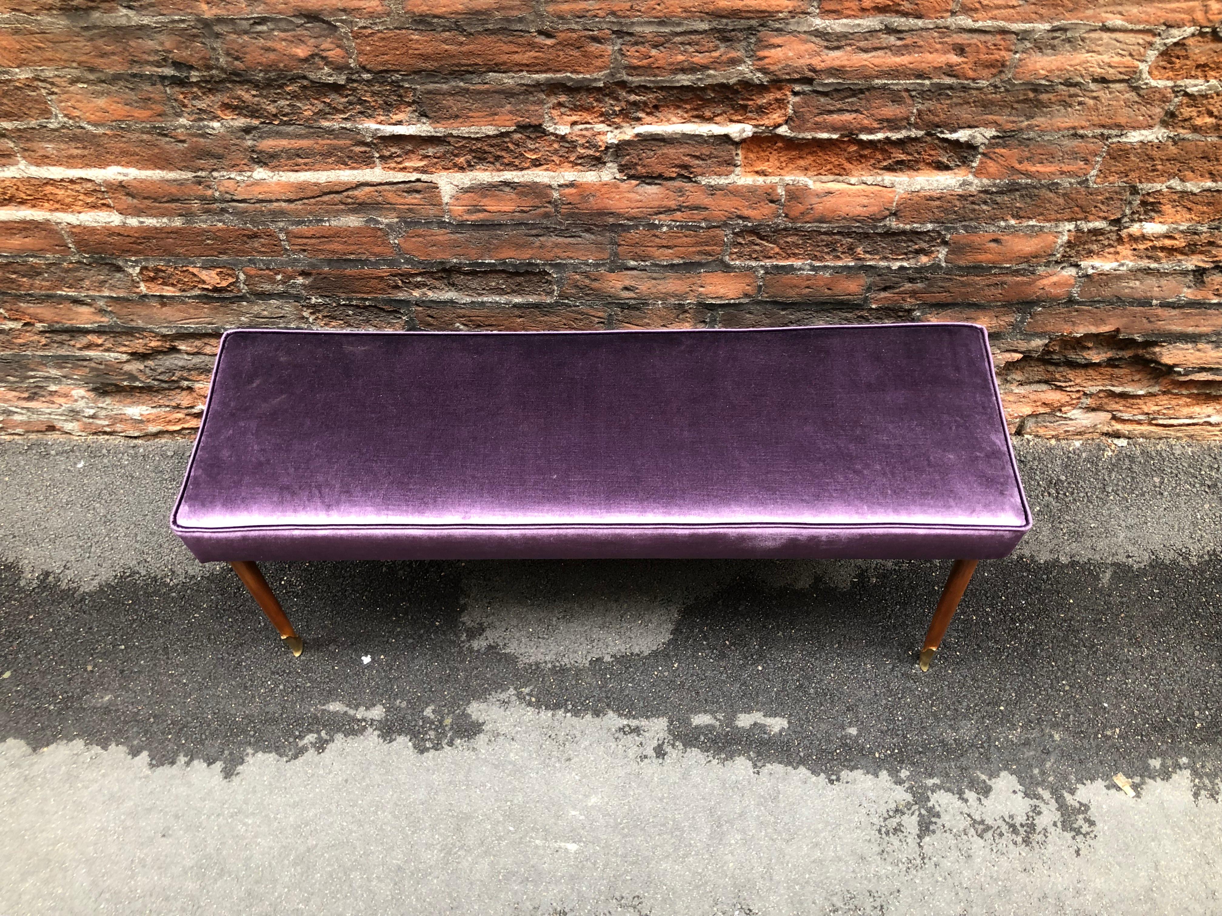 Mid-Century Modern Bright Purple Velvet and Brass Ending Legs Bench from Italy from 1950s