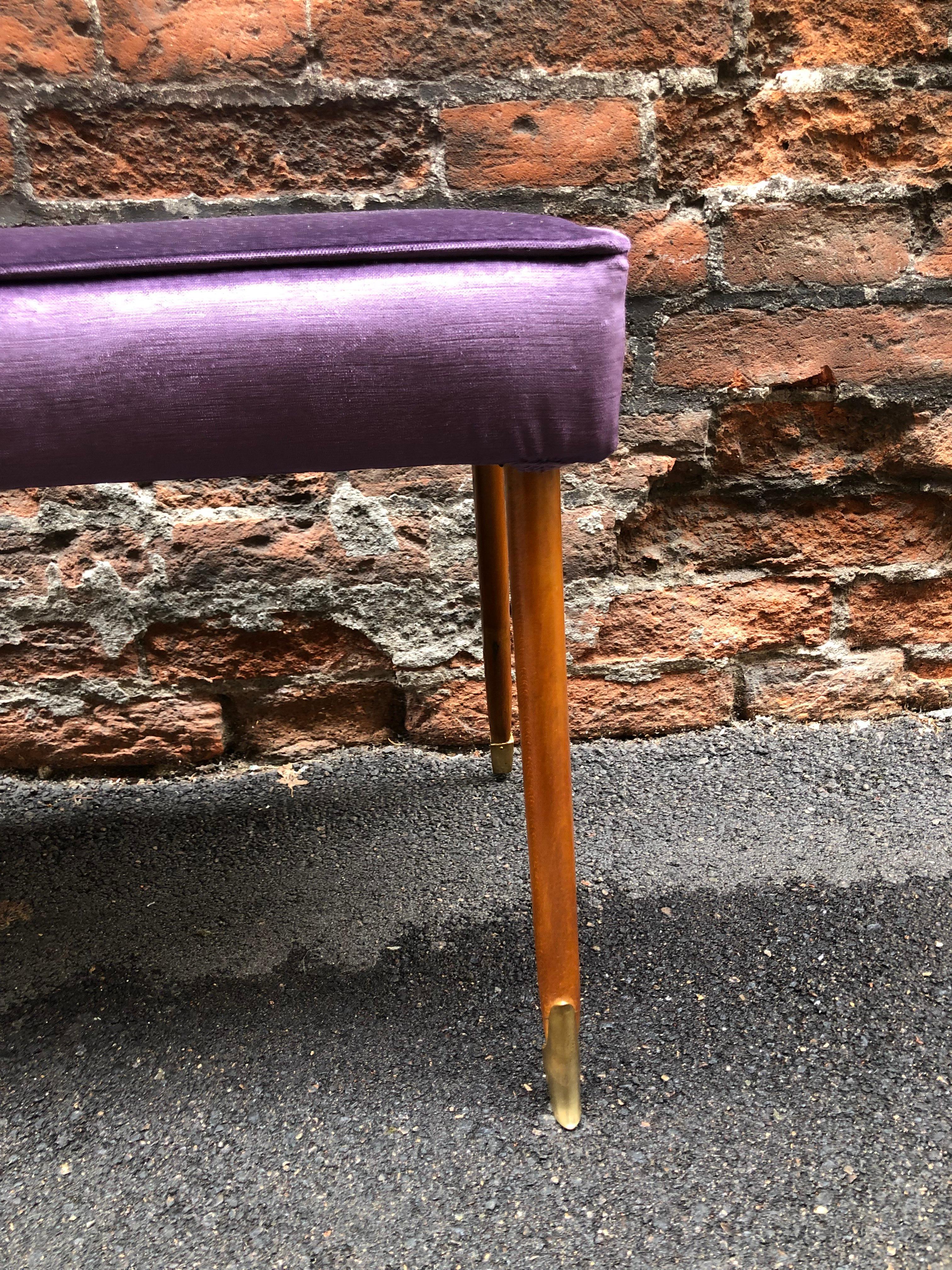 Italian Bright Purple Velvet and Brass Ending Legs Bench from Italy from 1950s