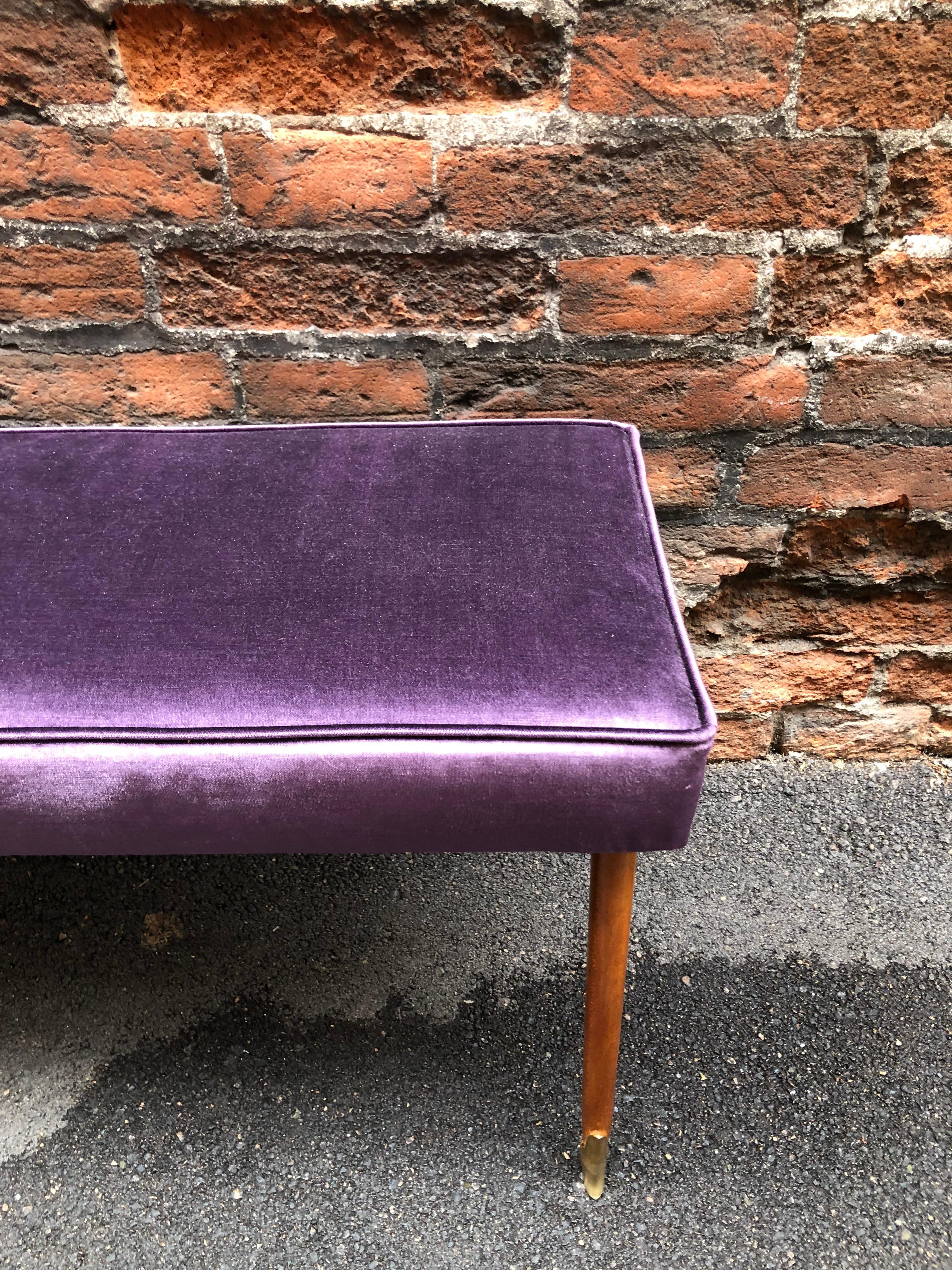 Bright Purple Velvet and Brass Ending Legs Bench from Italy from 1950s 1