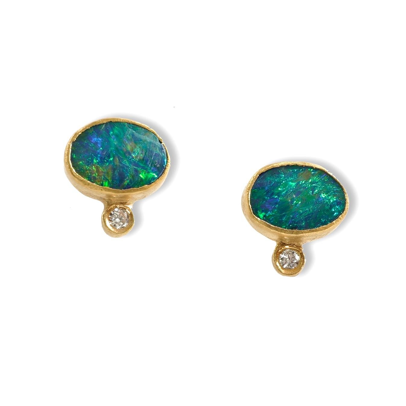 Contemporary Bright Rainbow Oval Opal Doublet Stud Earrings Diamonds Solid 24K by Kurtulan