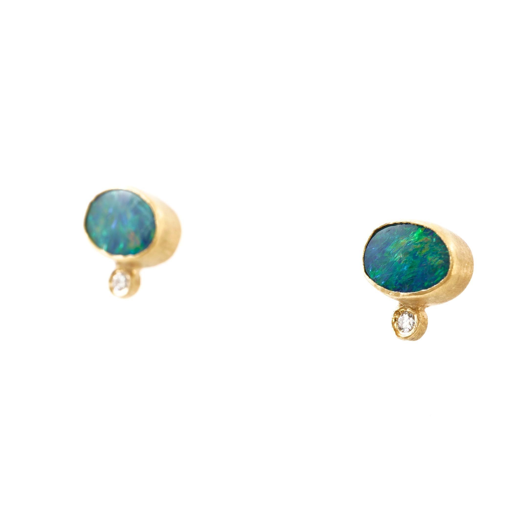 Oval Cut Bright Rainbow Oval Opal Doublet Stud Earrings Diamonds Solid 24K by Kurtulan