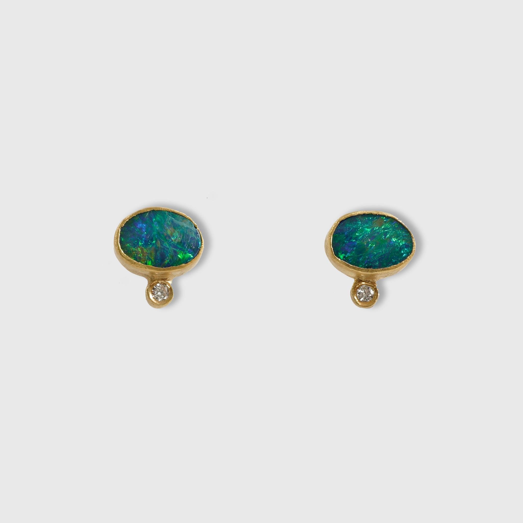 Bright Rainbow Oval Opal Doublet Stud Earrings Diamonds Solid 24K by Kurtulan In New Condition In Bozeman, MT