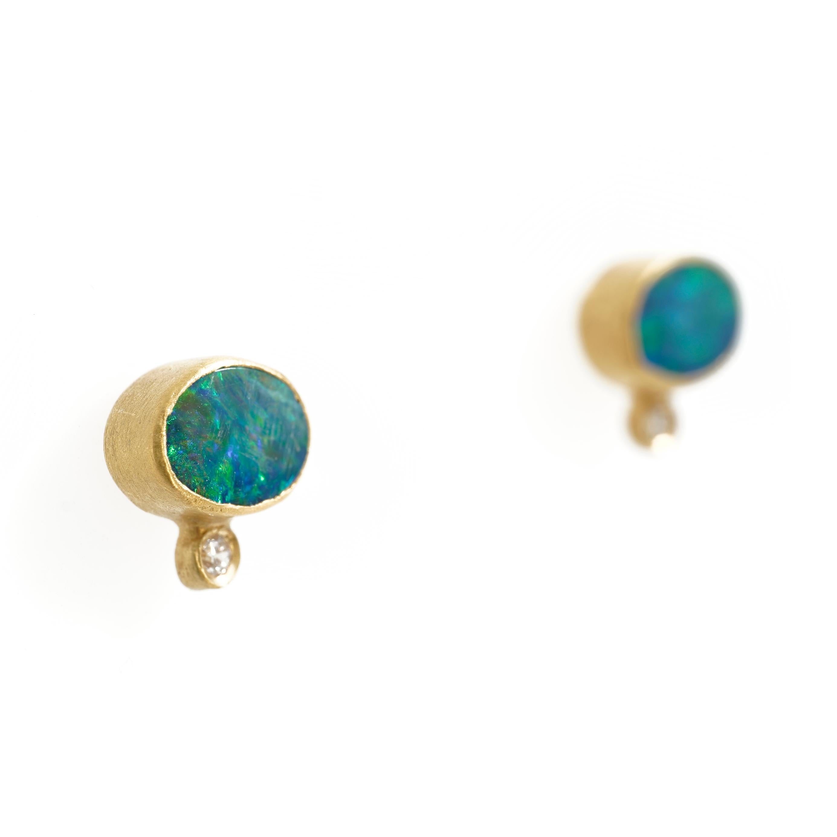 Women's or Men's Bright Rainbow Oval Opal Doublet Stud Earrings Diamonds Solid 24K by Kurtulan