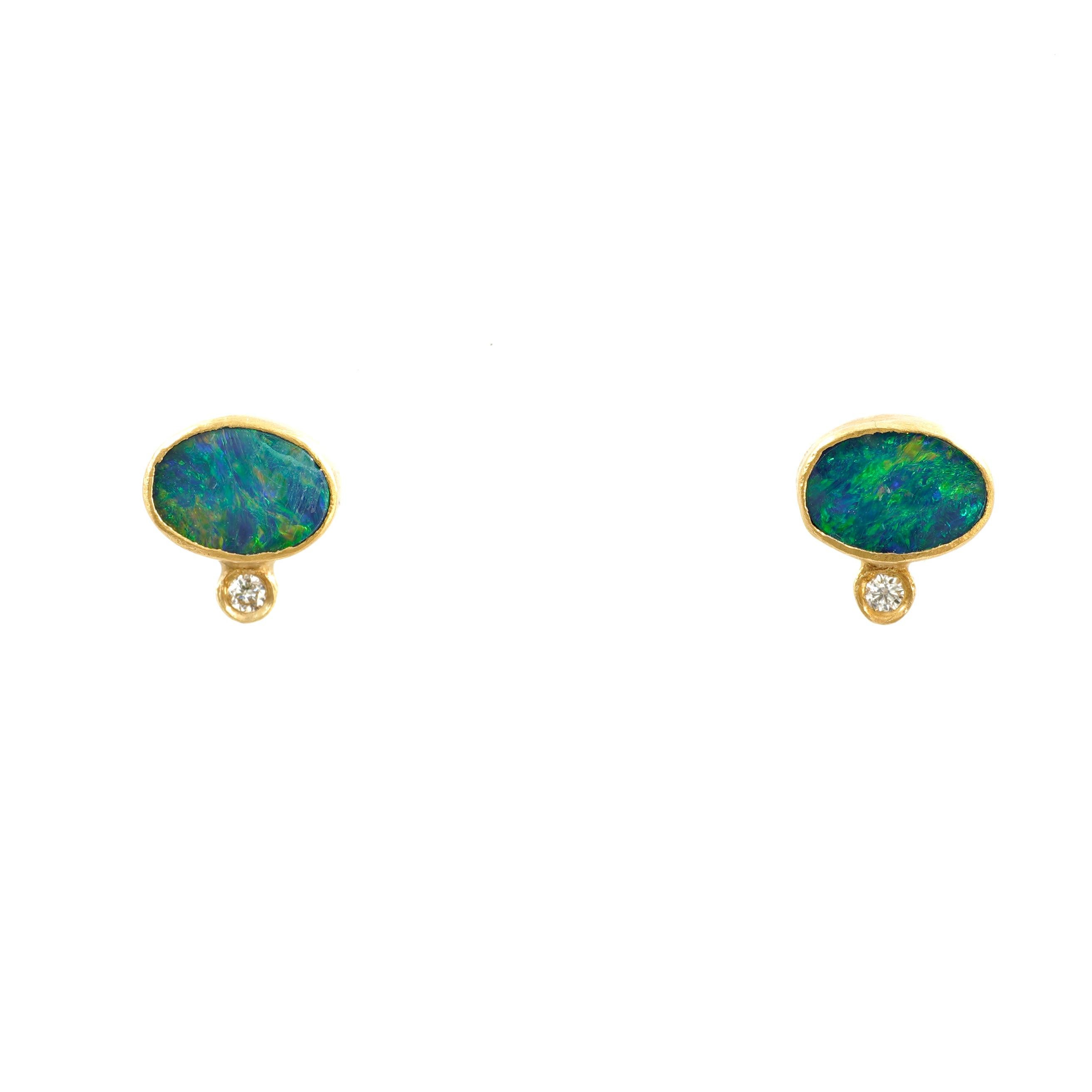 Bright Rainbow Oval Opal Doublet Stud Earrings Diamonds Solid 24K by Kurtulan 1