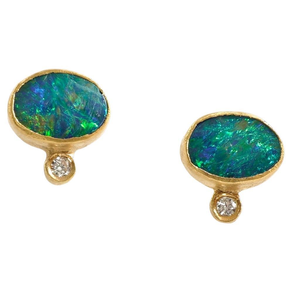Bright Rainbow Oval Opal Doublet Stud Earrings Diamonds Solid 24K by Kurtulan