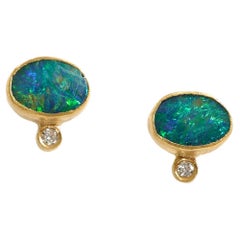 Bright Rainbow Oval Opal Doublet Stud Earrings Diamonds Solid 24K by Kurtulan