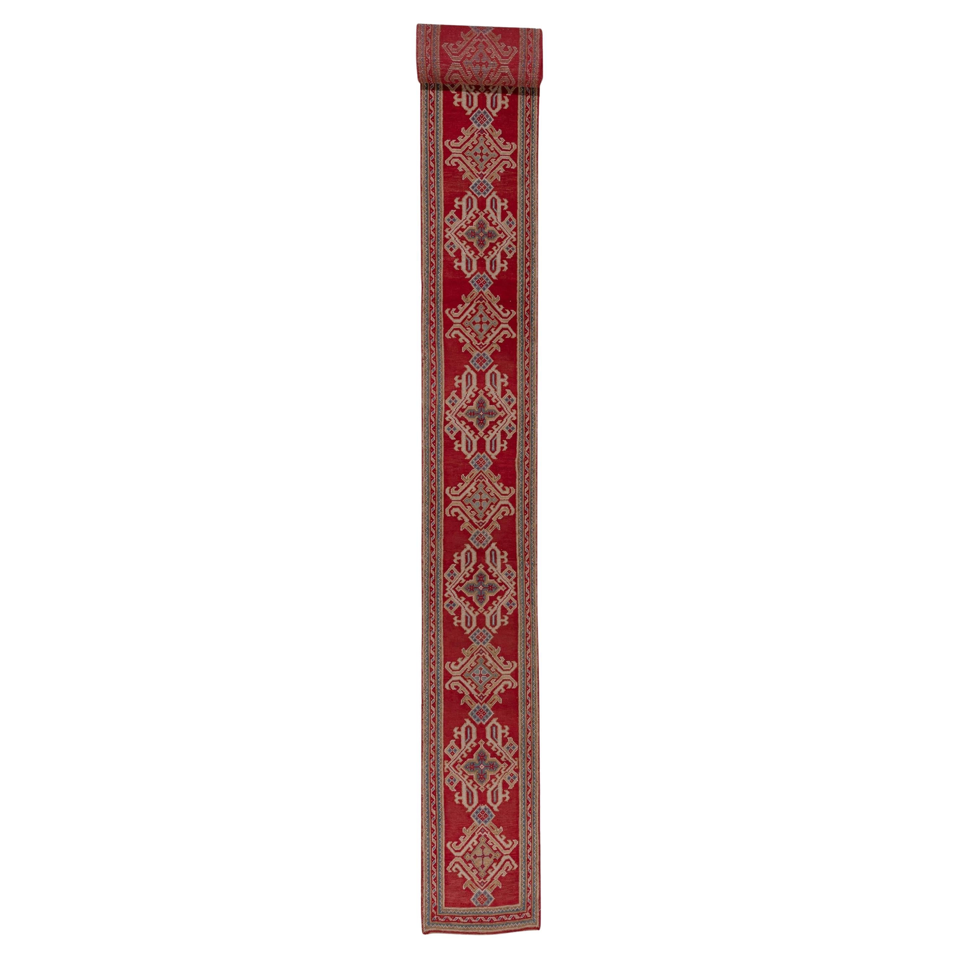 Bright Red Antique Long & Narrow Oushak Runner, circa 1930s