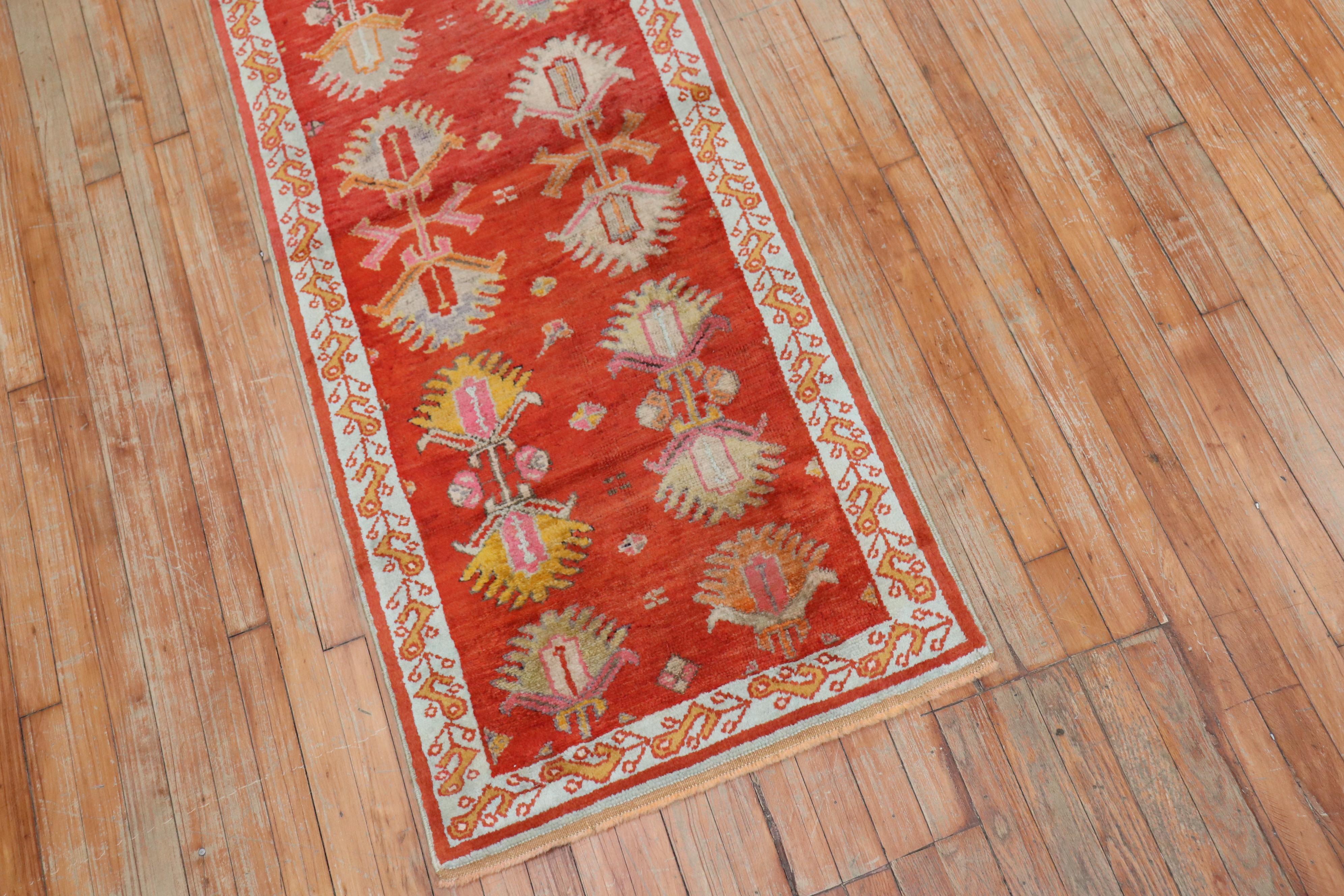 Bohemian Bright Red Antique Oushak Short Runner For Sale