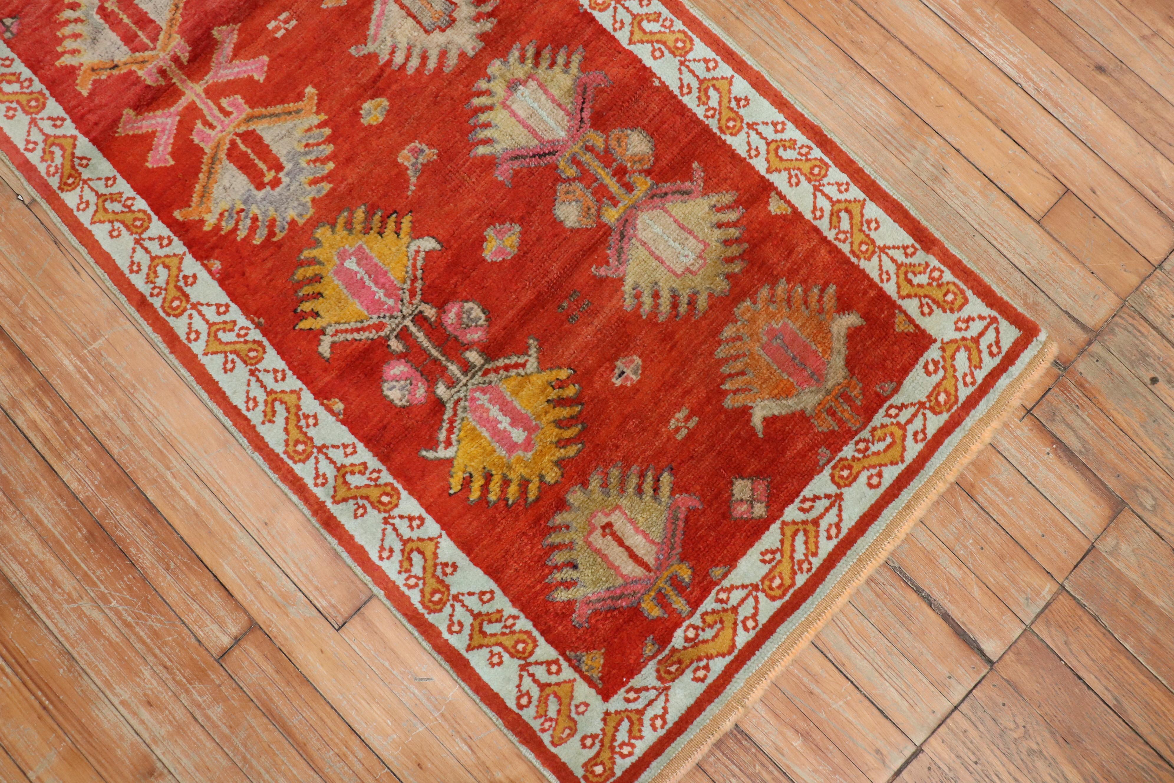 Hand-Knotted Bright Red Antique Oushak Short Runner For Sale