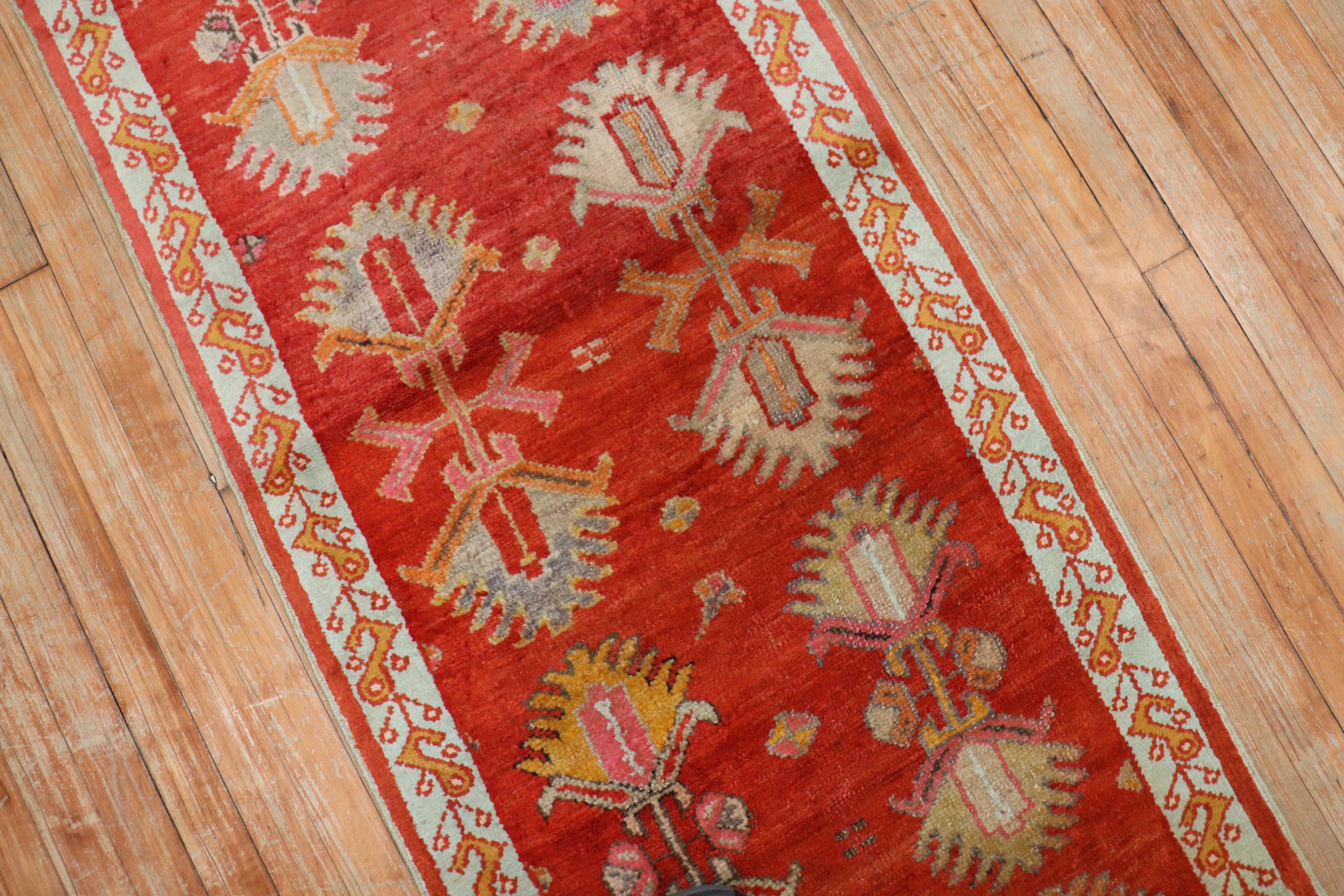 Bright Red Antique Oushak Short Runner In Good Condition For Sale In New York, NY