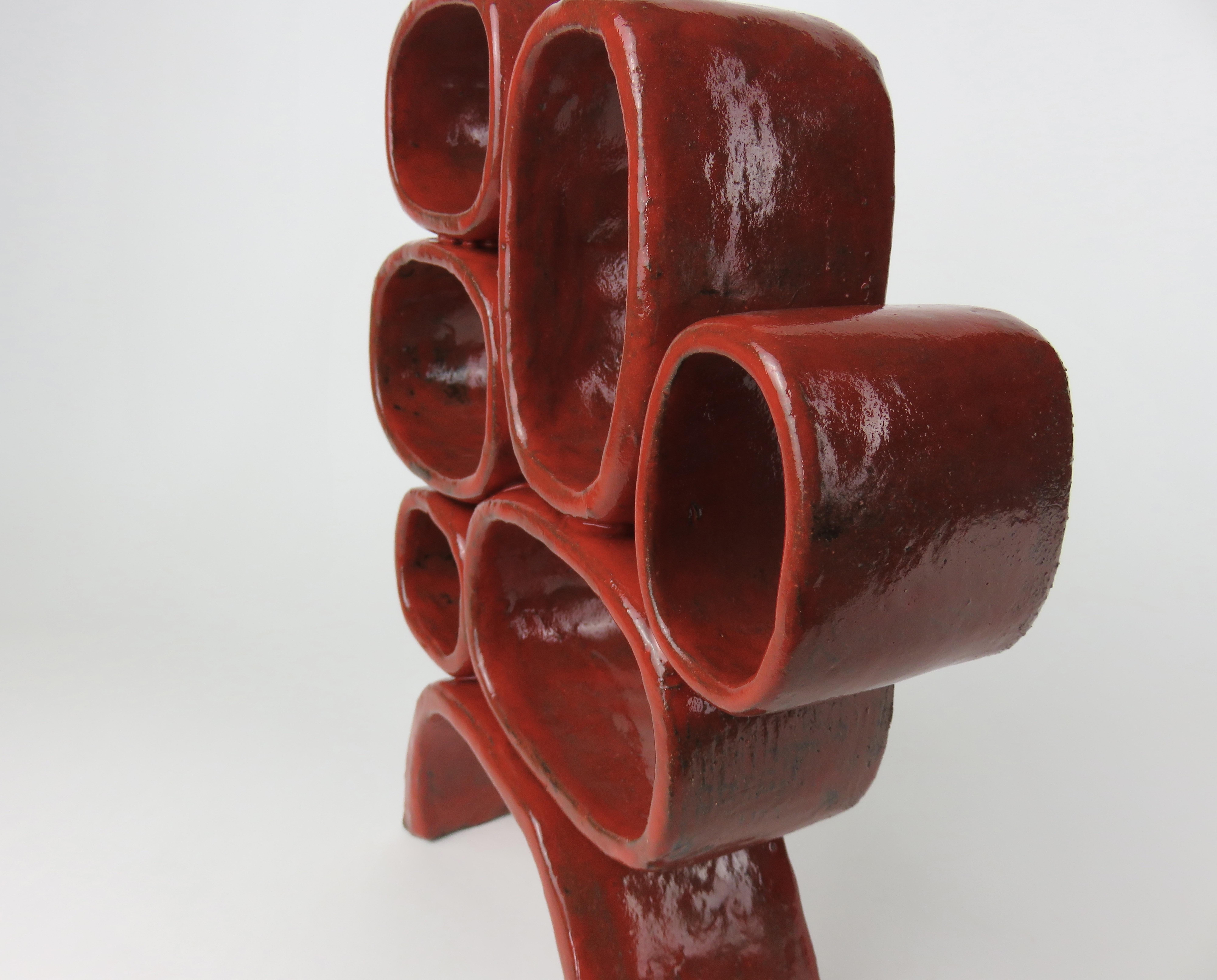 Bright Red Ceramic Sculpture, Hand Built, Six Soft Rectangles on Angled Legs For Sale 3