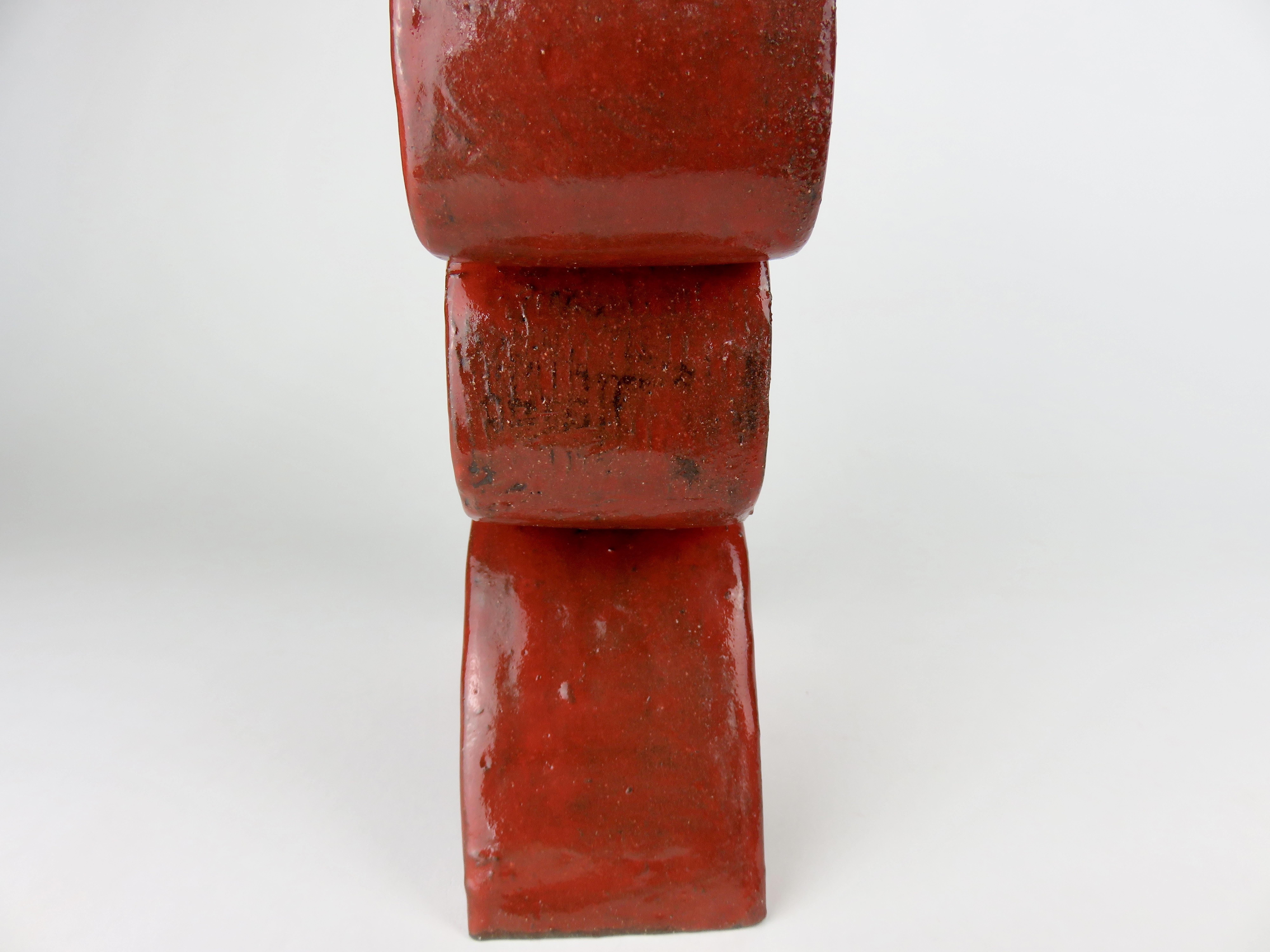 Bright Red Ceramic Sculpture, Hand Built, Six Soft Rectangles on Angled Legs For Sale 5