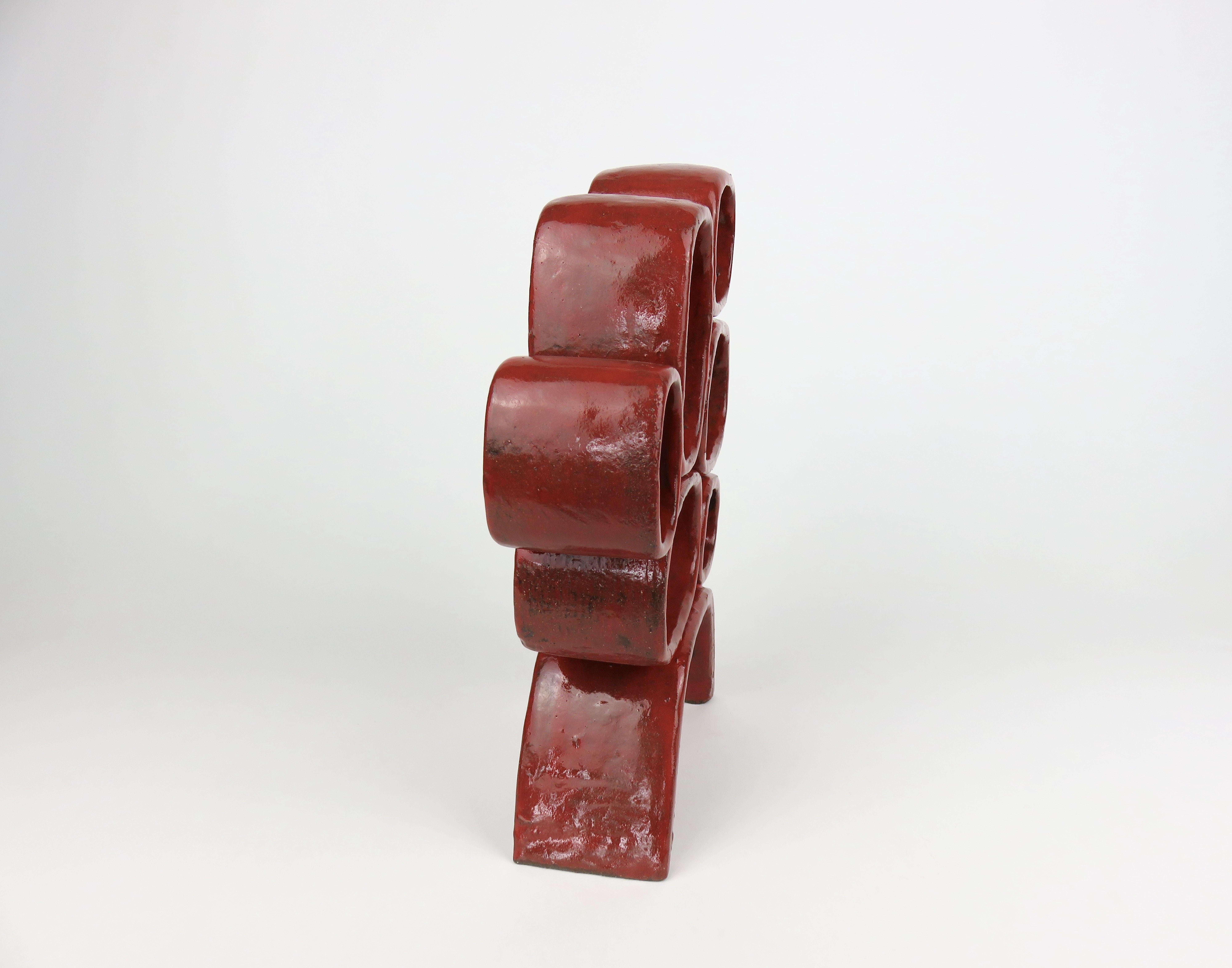 Organic Modern Bright Red Ceramic Sculpture, Hand Built, Six Soft Rectangles on Angled Legs For Sale