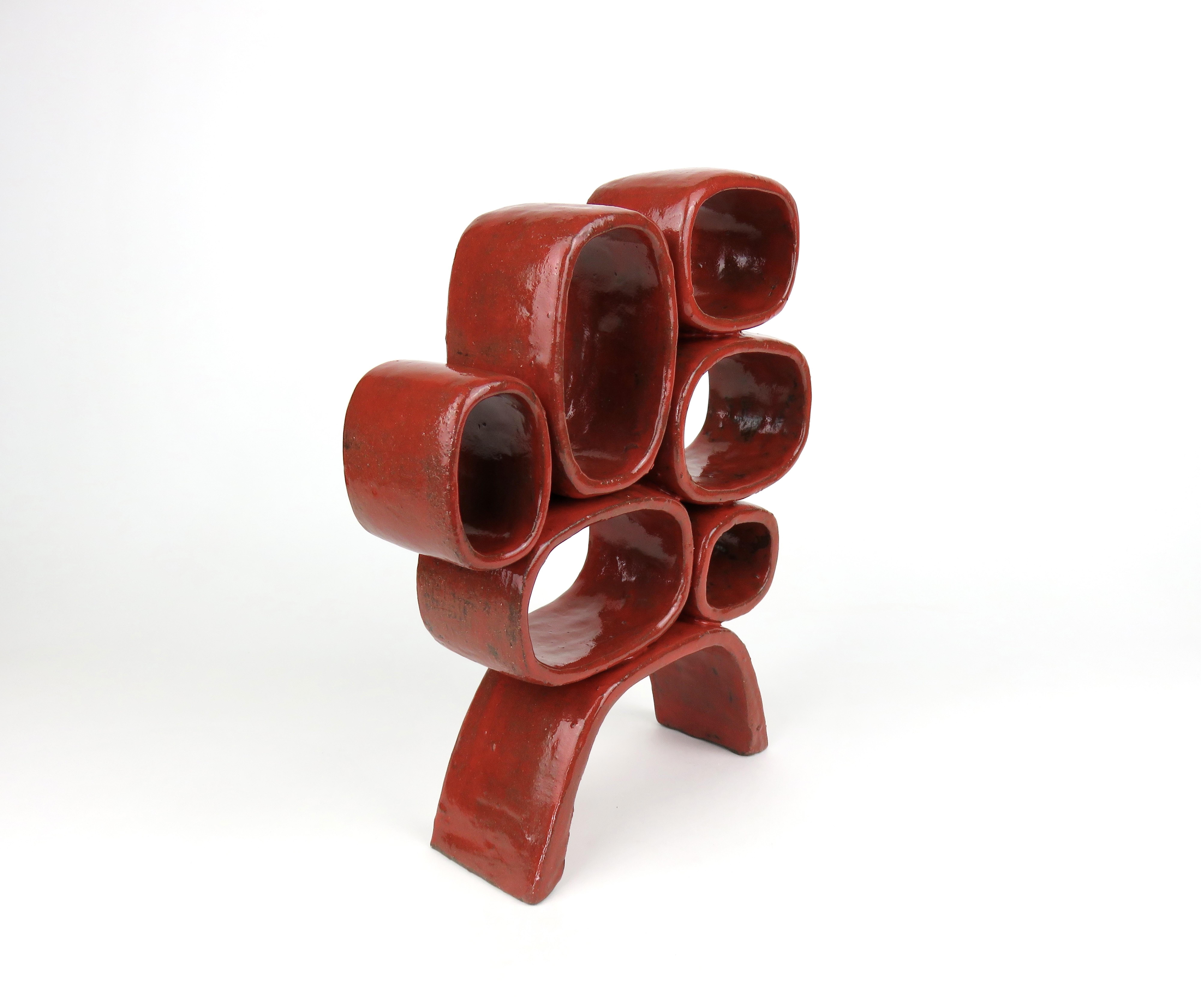 American Bright Red Ceramic Sculpture, Hand Built, Six Soft Rectangles on Angled Legs For Sale
