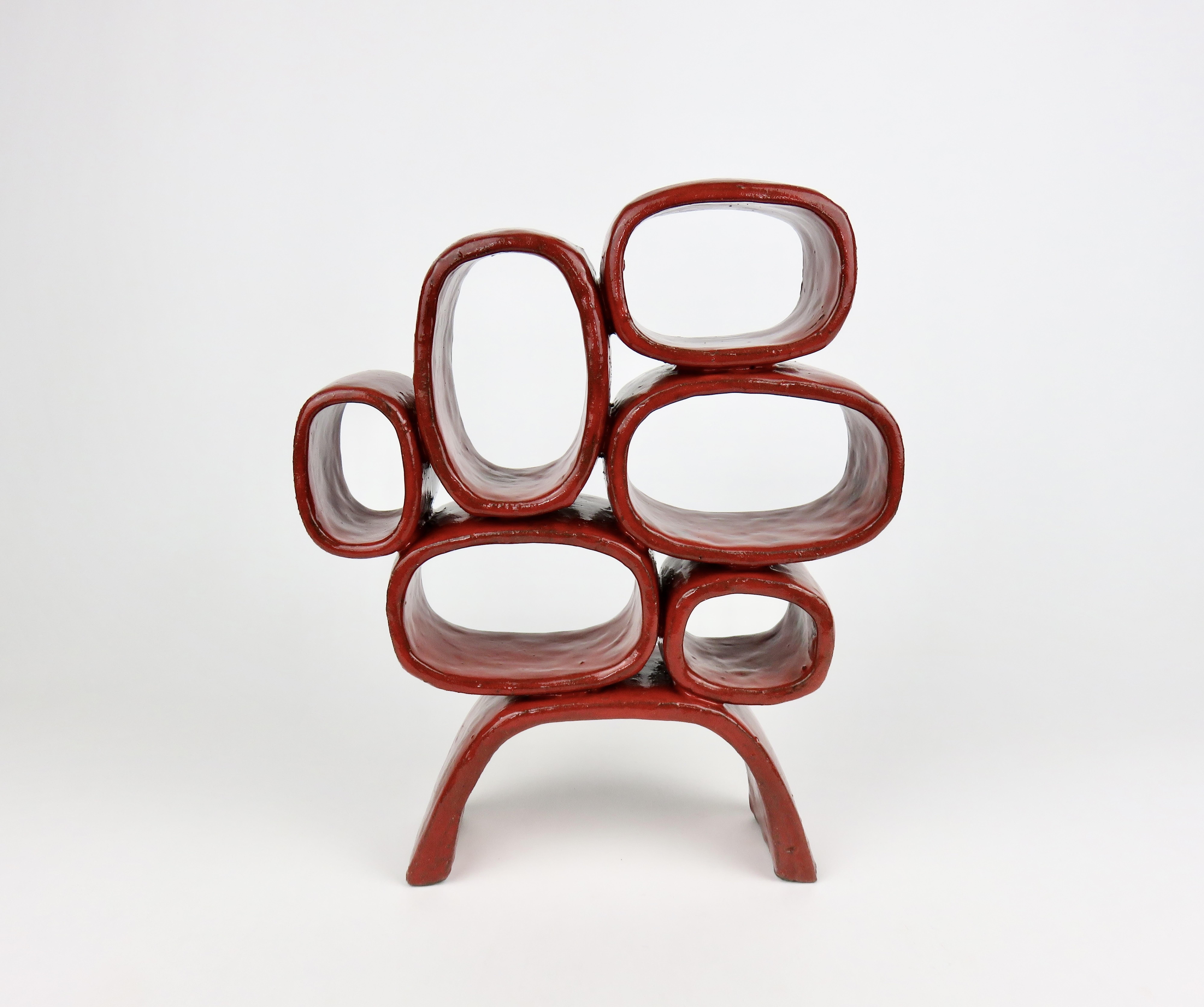 Glazed Bright Red Ceramic Sculpture, Hand Built, Six Soft Rectangles on Angled Legs For Sale