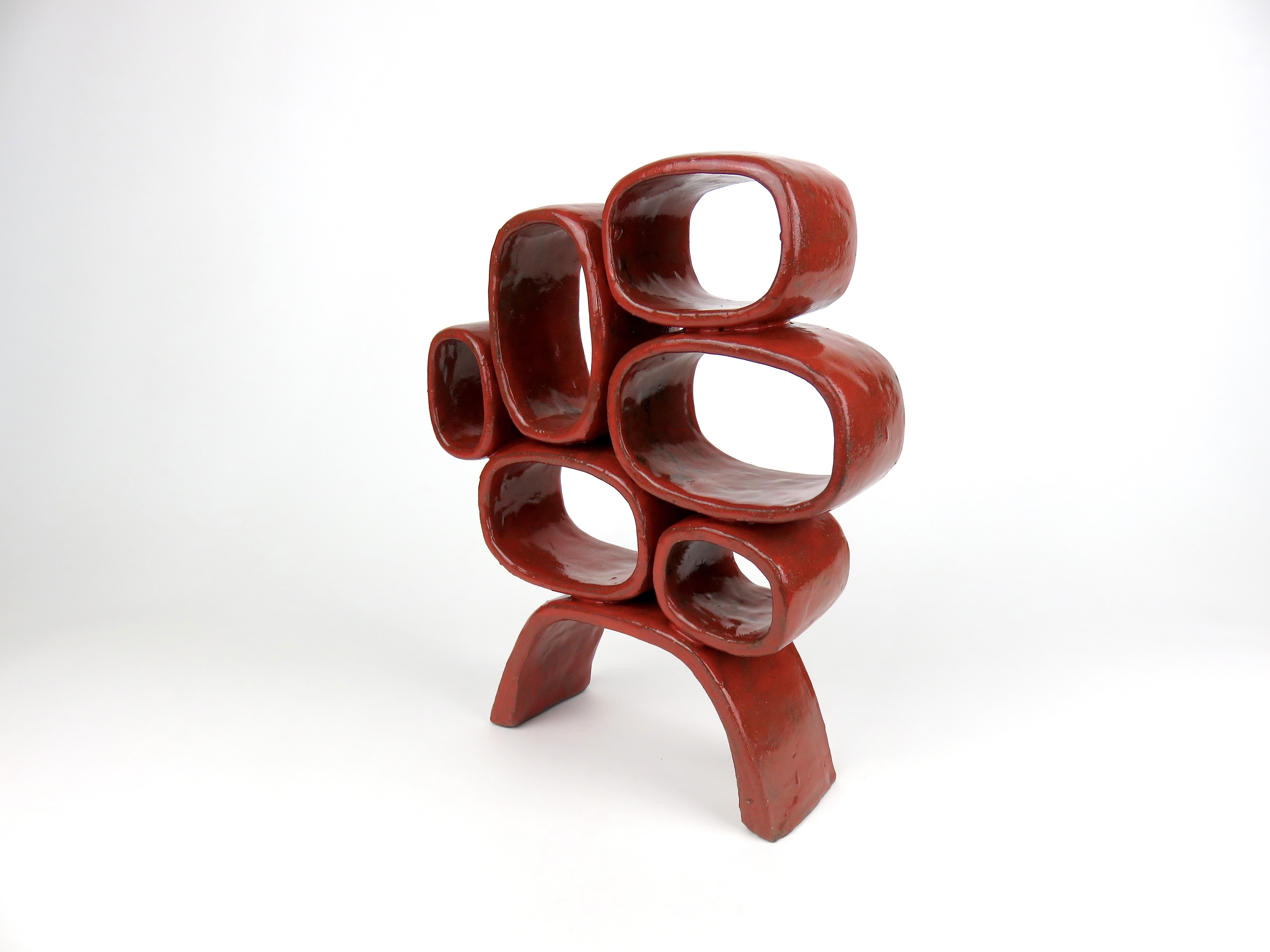 Bright Red Ceramic Sculpture, Hand Built, Six Soft Rectangles on Angled Legs In New Condition For Sale In New York, NY