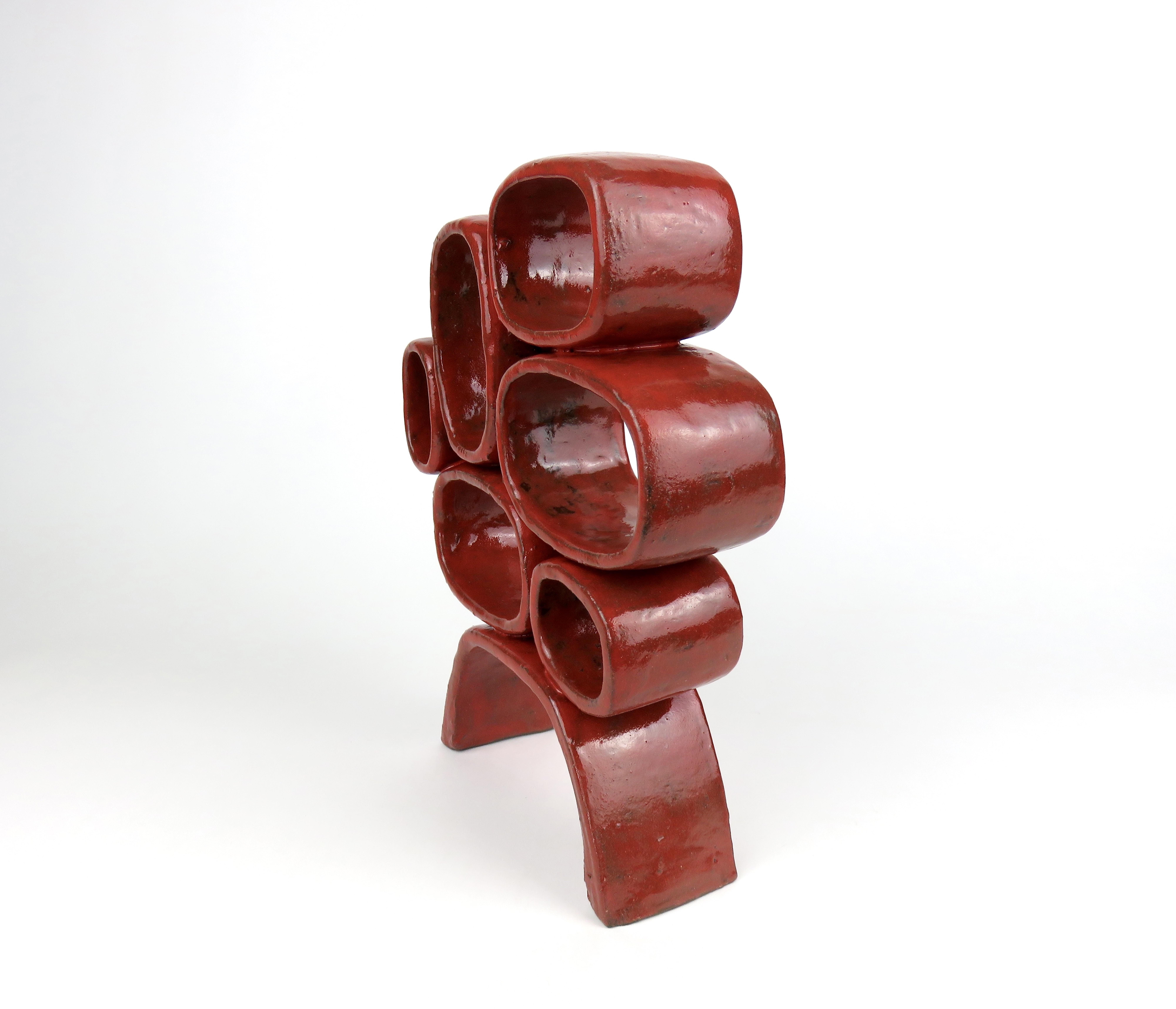Contemporary Bright Red Ceramic Sculpture, Hand Built, Six Soft Rectangles on Angled Legs For Sale