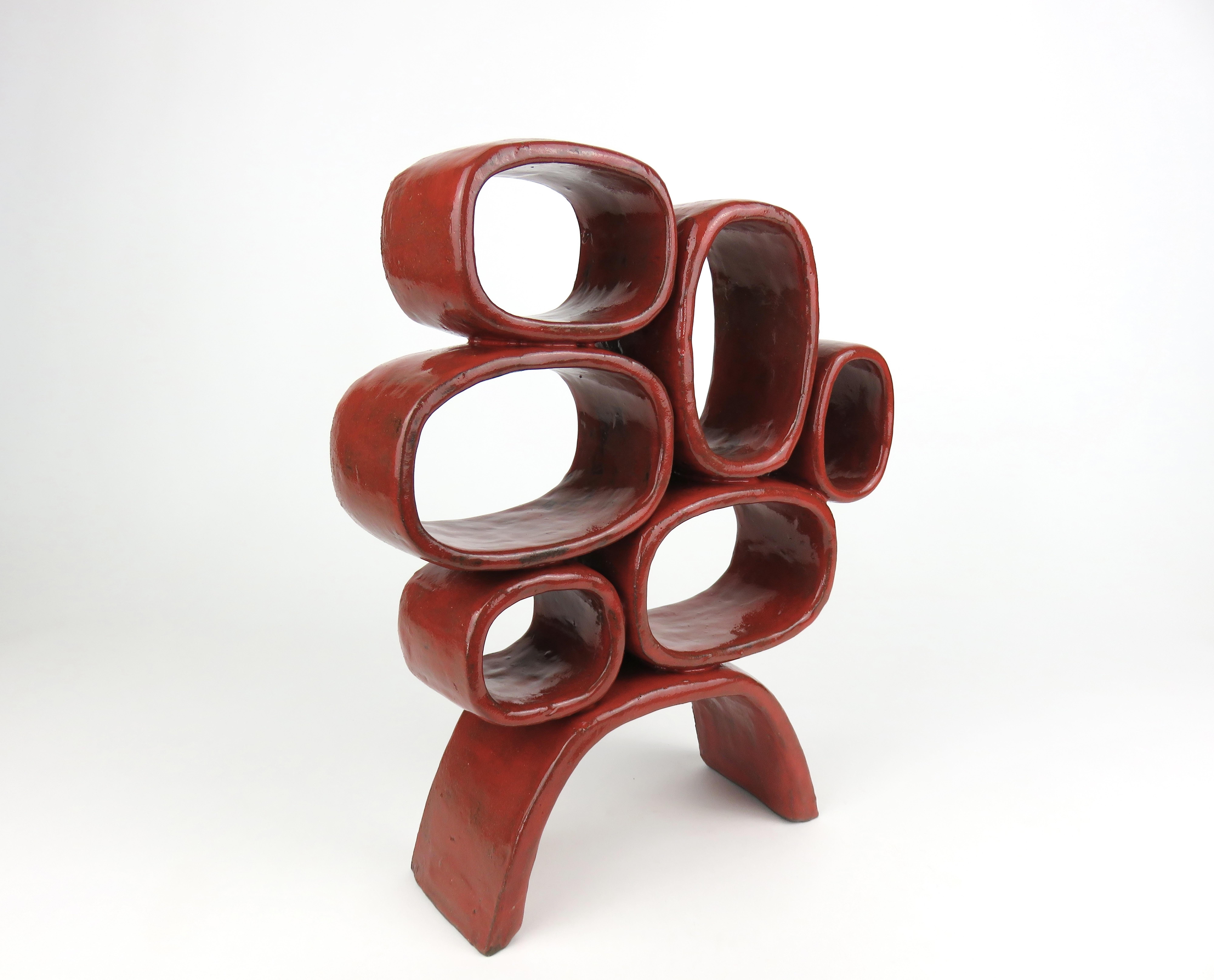Bright Red Ceramic Sculpture, Hand Built, Six Soft Rectangles on Angled Legs For Sale 1