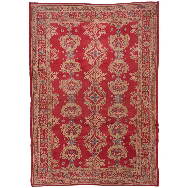 Red Classic Antique Oushak Carpet, Circa 1920s For Sale