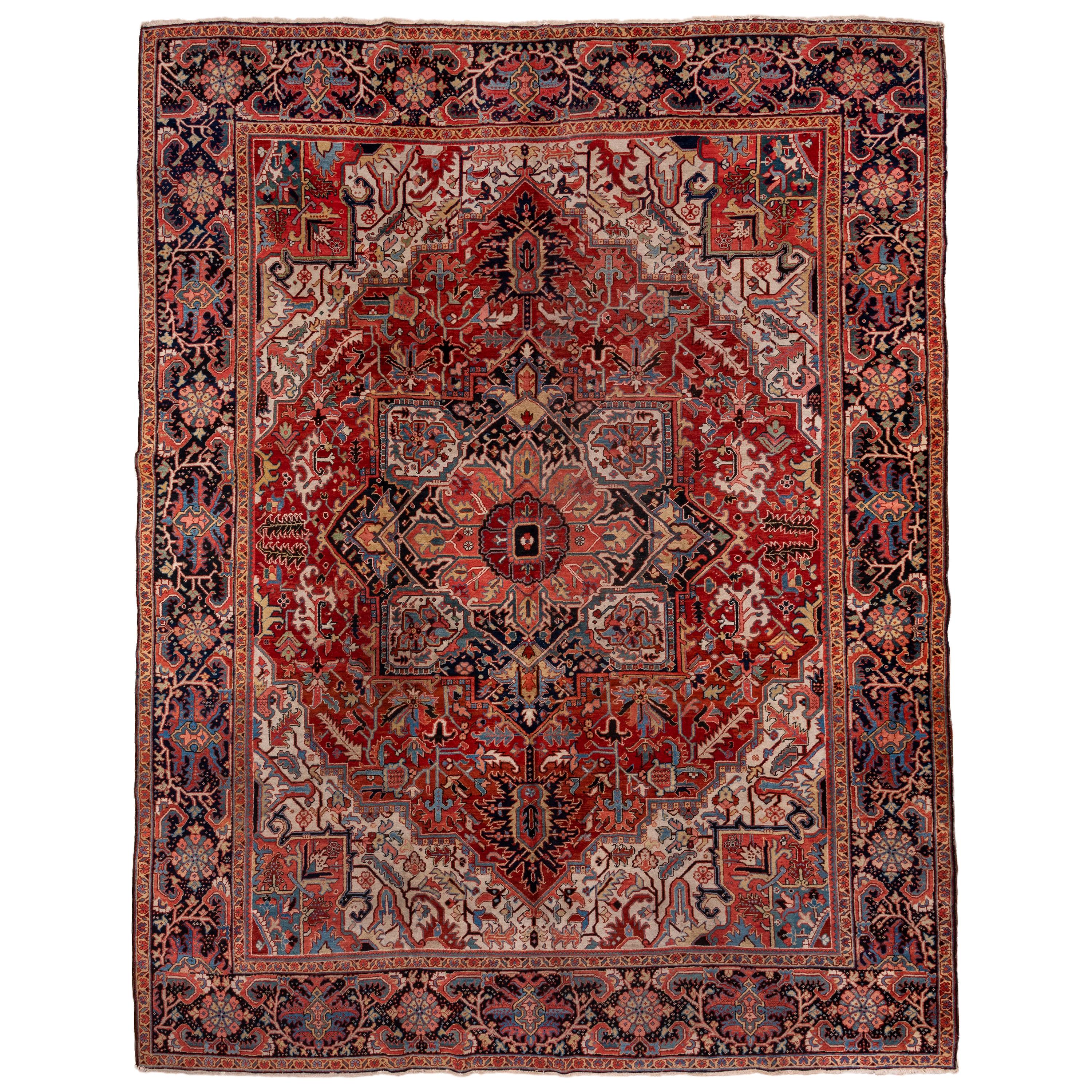 Bright Red Field Antique Persian Heriz Carpet For Sale