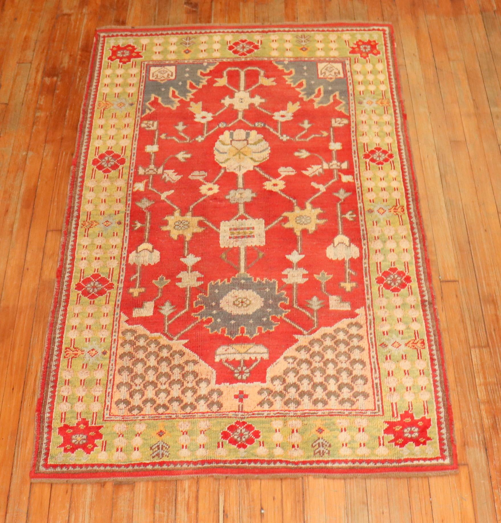Agra Bright Red Green Turkish Oushak Accent Size Rug For Sale