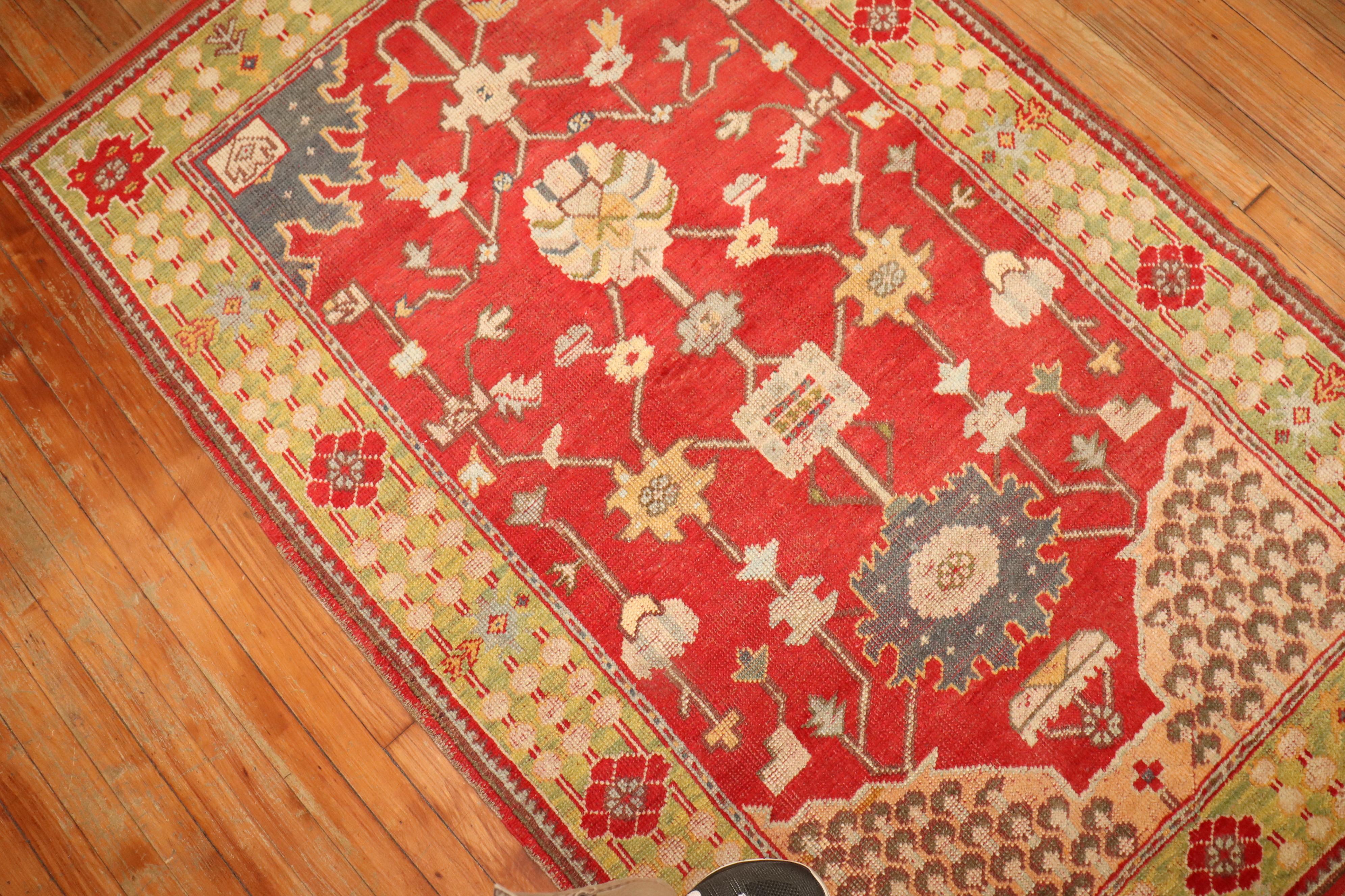 Hand-Knotted Bright Red Green Turkish Oushak Accent Size Rug For Sale