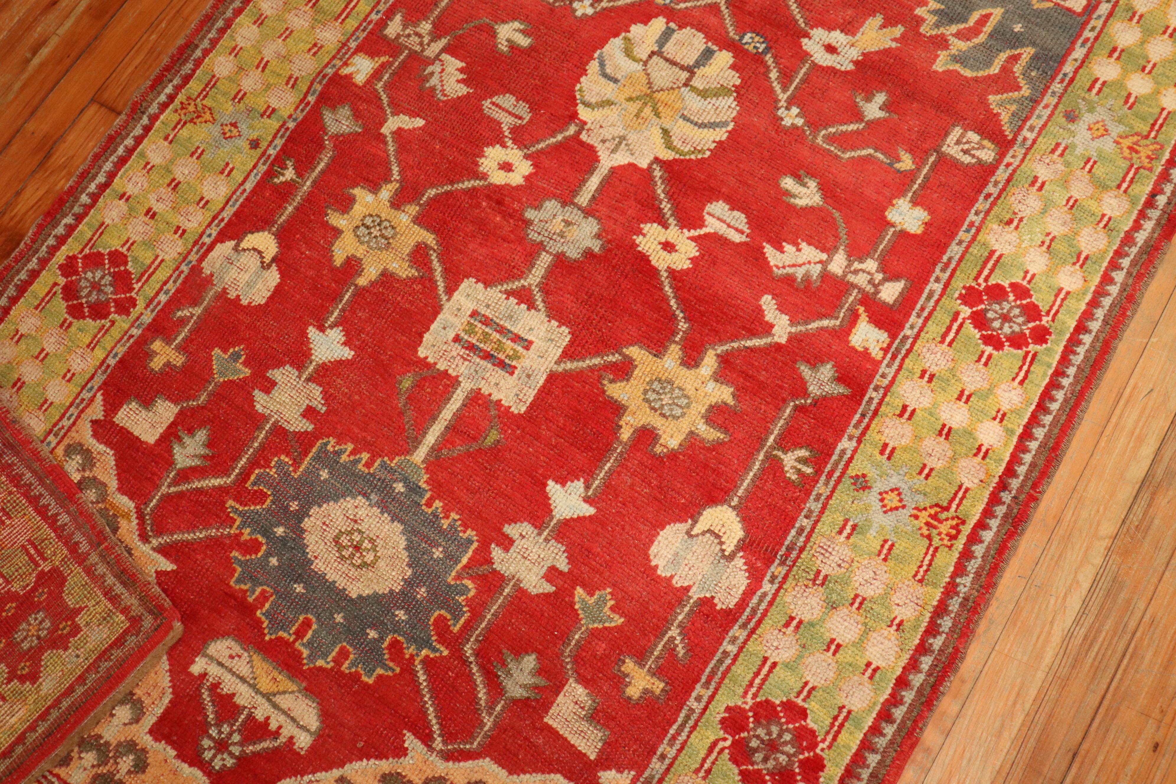 Bright Red Green Turkish Oushak Accent Size Rug In Good Condition For Sale In New York, NY