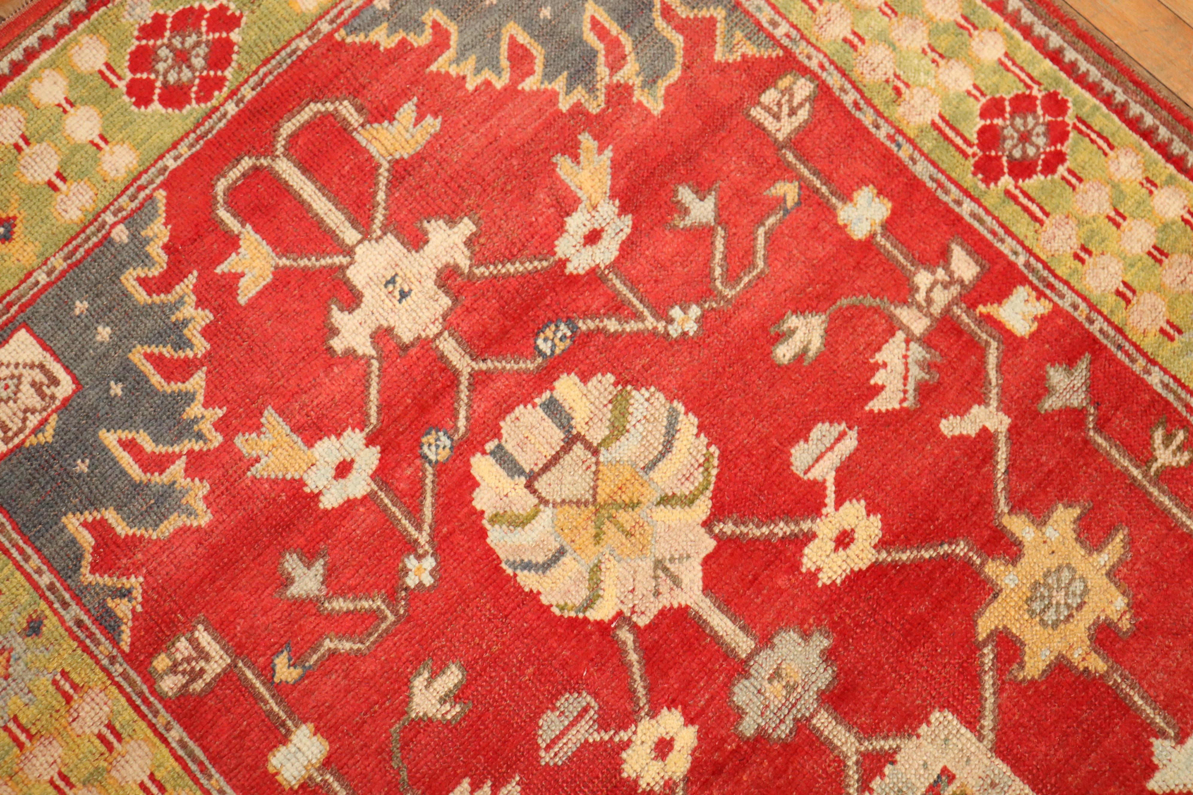 20th Century Bright Red Green Turkish Oushak Accent Size Rug For Sale