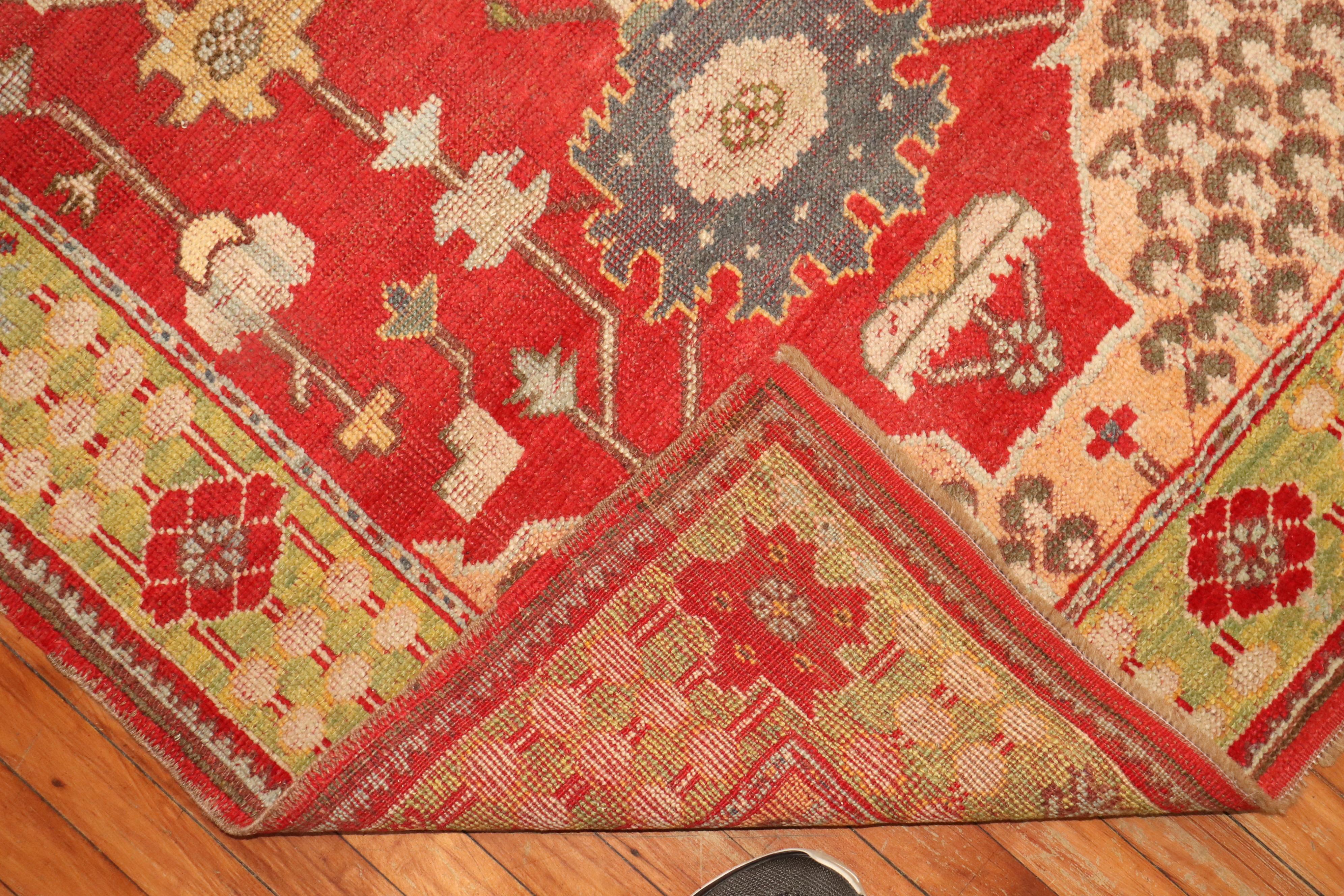 Wool Bright Red Green Turkish Oushak Accent Size Rug For Sale