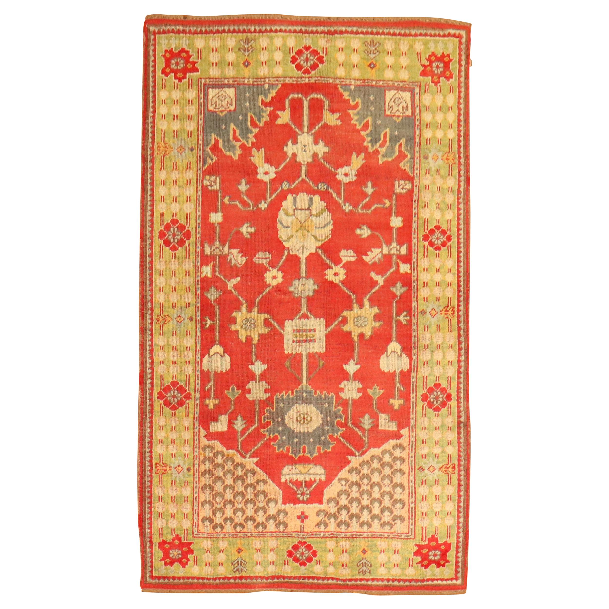 Bright Red Green Turkish Oushak Accent Size Rug