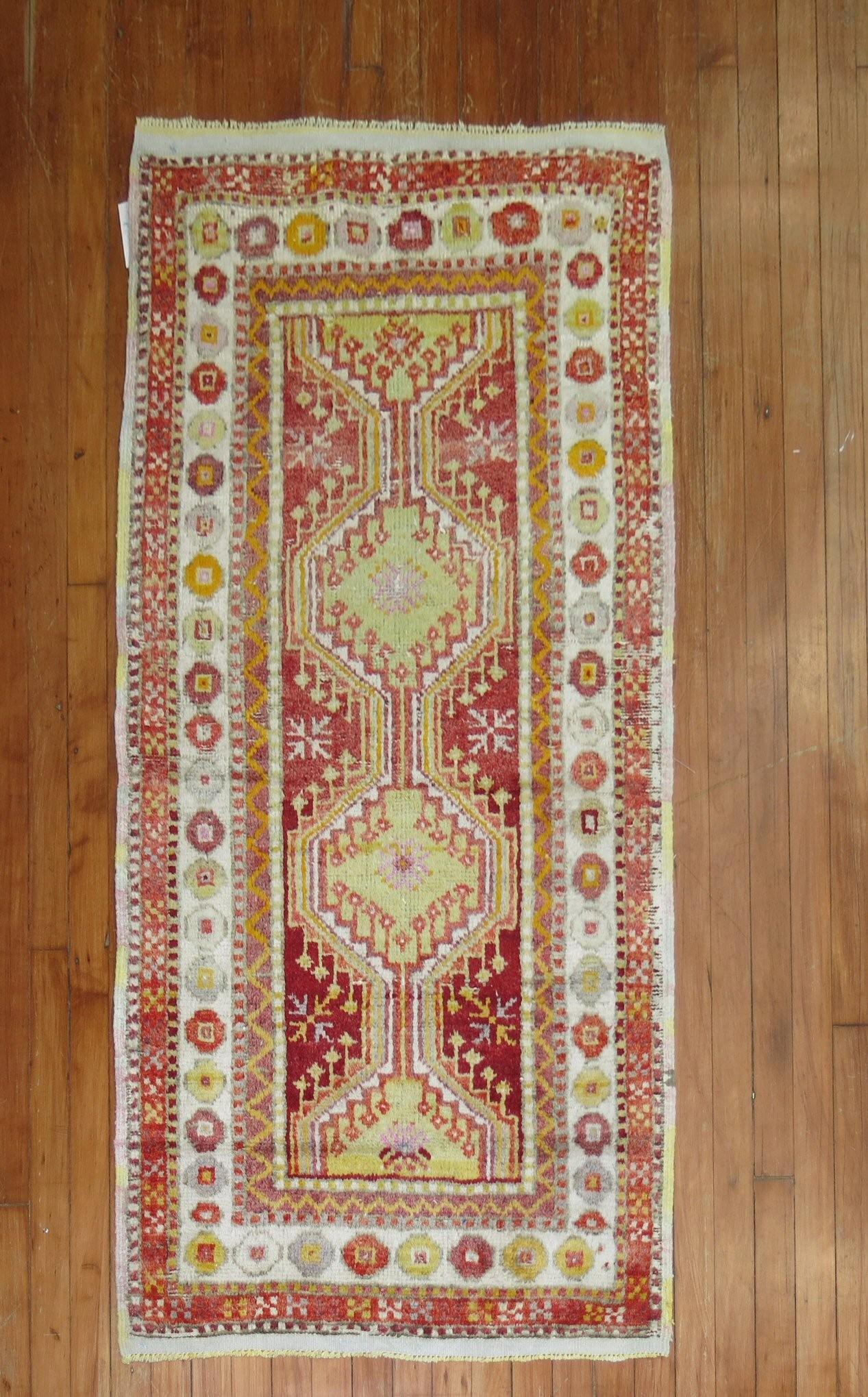 Oushak Bright Red Green Vintage Turkish Anatolian Throw Rug For Sale
